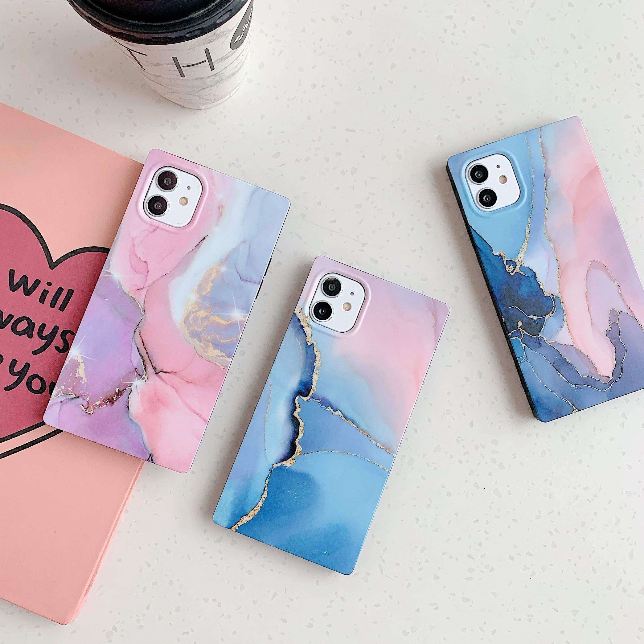 YTanazing Square for iPhone 11 Marble Case for Women,Blue Pink Marble Pattern Soft TPU Slim Matte Case Protective Cute Case Blue Cover Design for iPhone 11-6.1 inch 5
