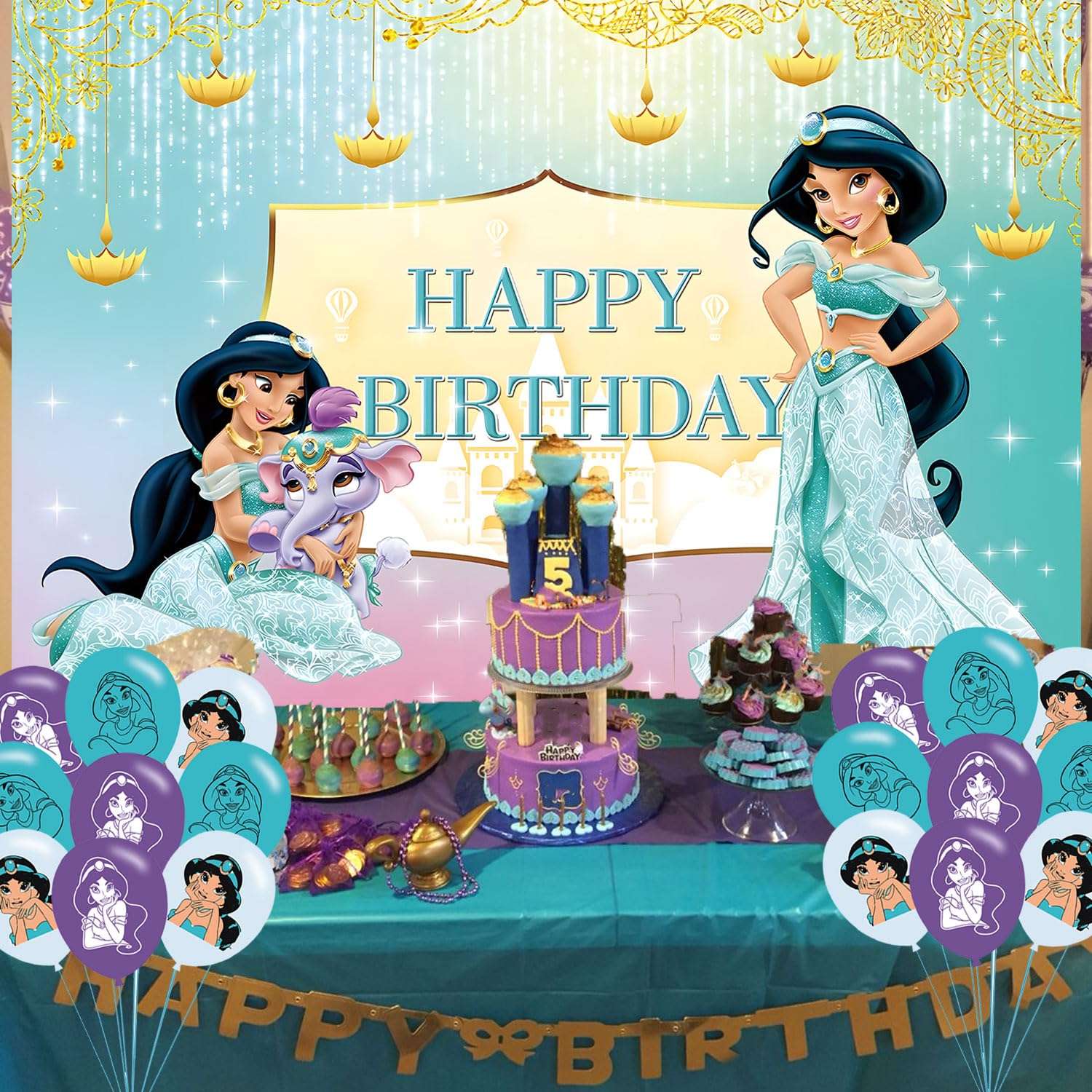 Princess Jasmine Birthday Party Decoration,Princess Party Photo Background 5 x 3 FT and 18 Pcs Balloon,Merch Party Backdrop Supplies 6