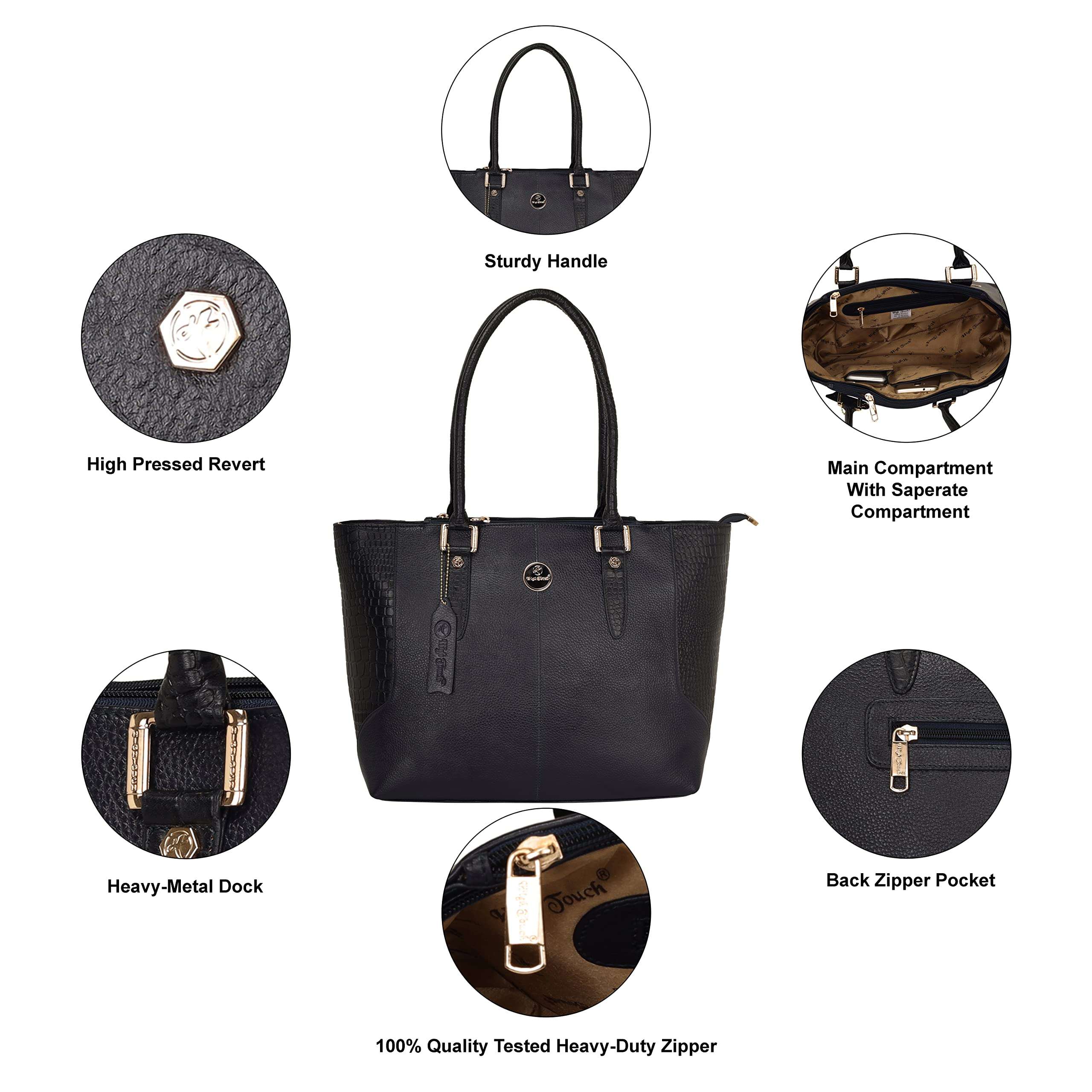 HIGH TOUCH Leather Side Croco Texture Women's Handbag/Shoulder Bag (Black) 3