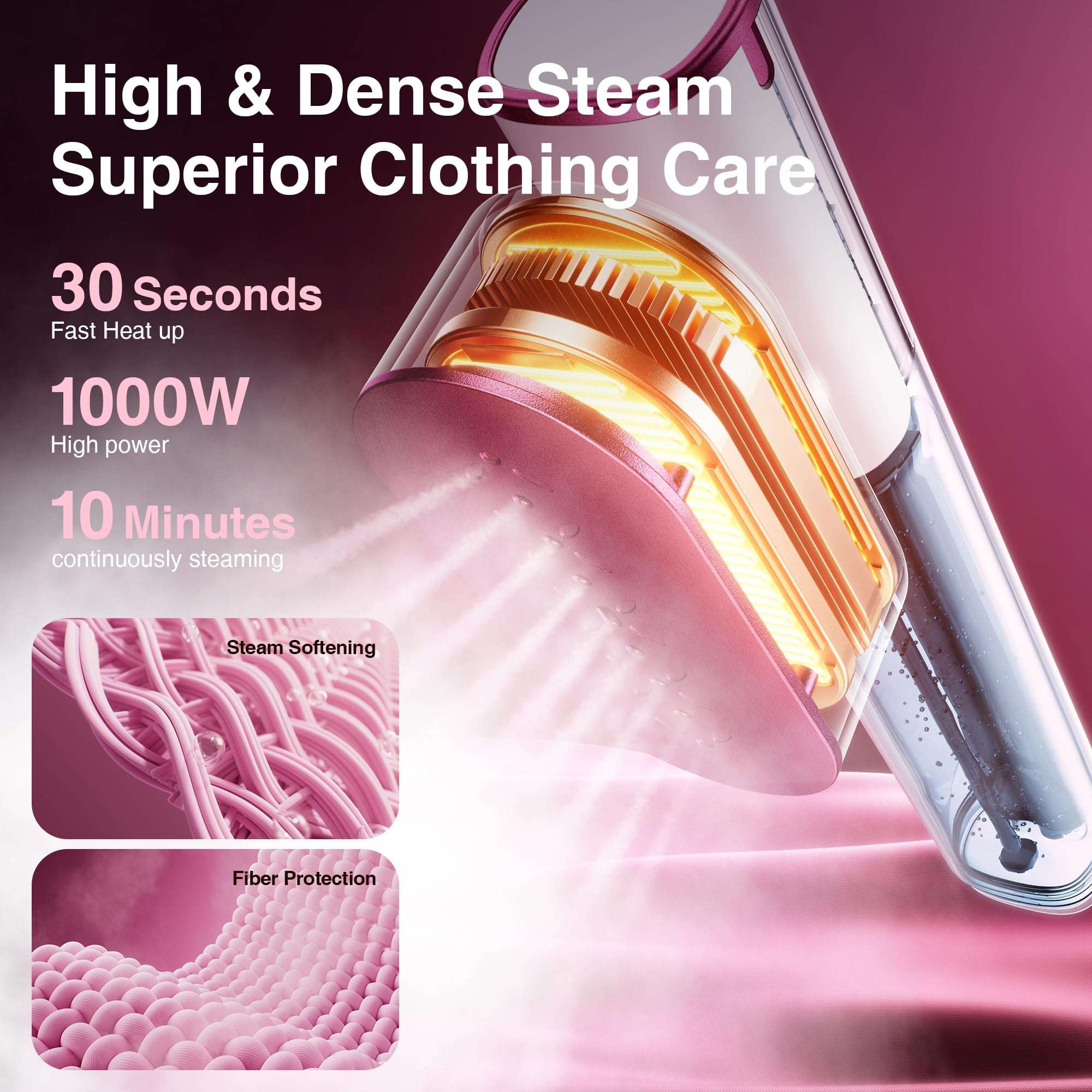 Banxye Portable Clothes Steamer, 100-240V Dual Voltage Garment Steamer, 1000W Travel Steamer, 30s Fast Heat Up, 10 Minutes Continuous Steam, Ceramic Panel Steamer Iron for Travel & Home Use (Rose Red) 4