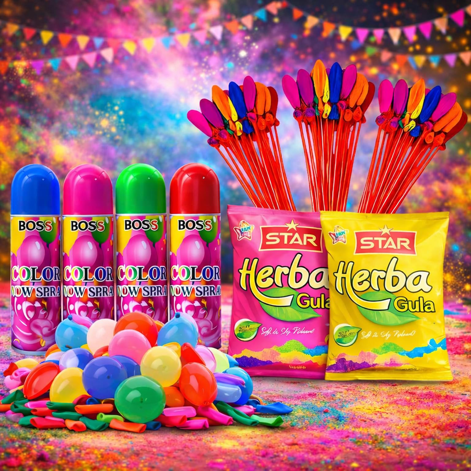 PaMeG Herbal Gulal for Holi, Non-Toxic Natural Gulal, Latex Colourful Water Balloons with Holi Spray (Spray4Gulal2MagicBloonSetBloon500-2)