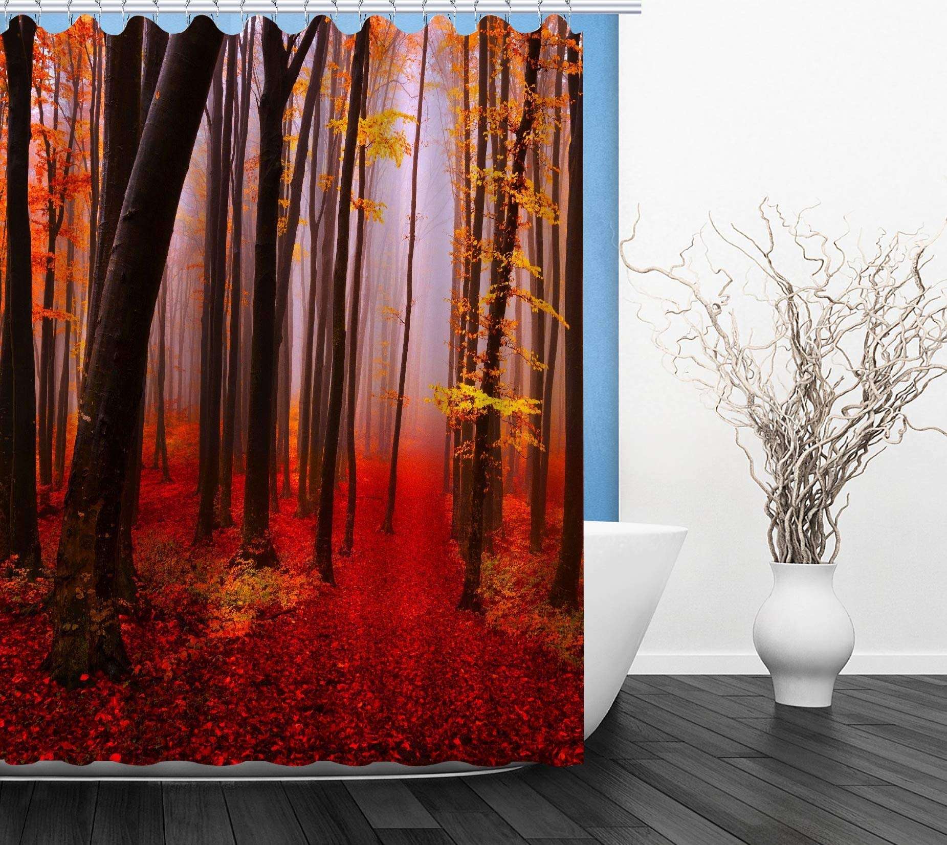 SNOOGG Attractive Printed Shower Curtain Design Size : 60 x 72 Inch. Print Design : Red Forest Landscape 1