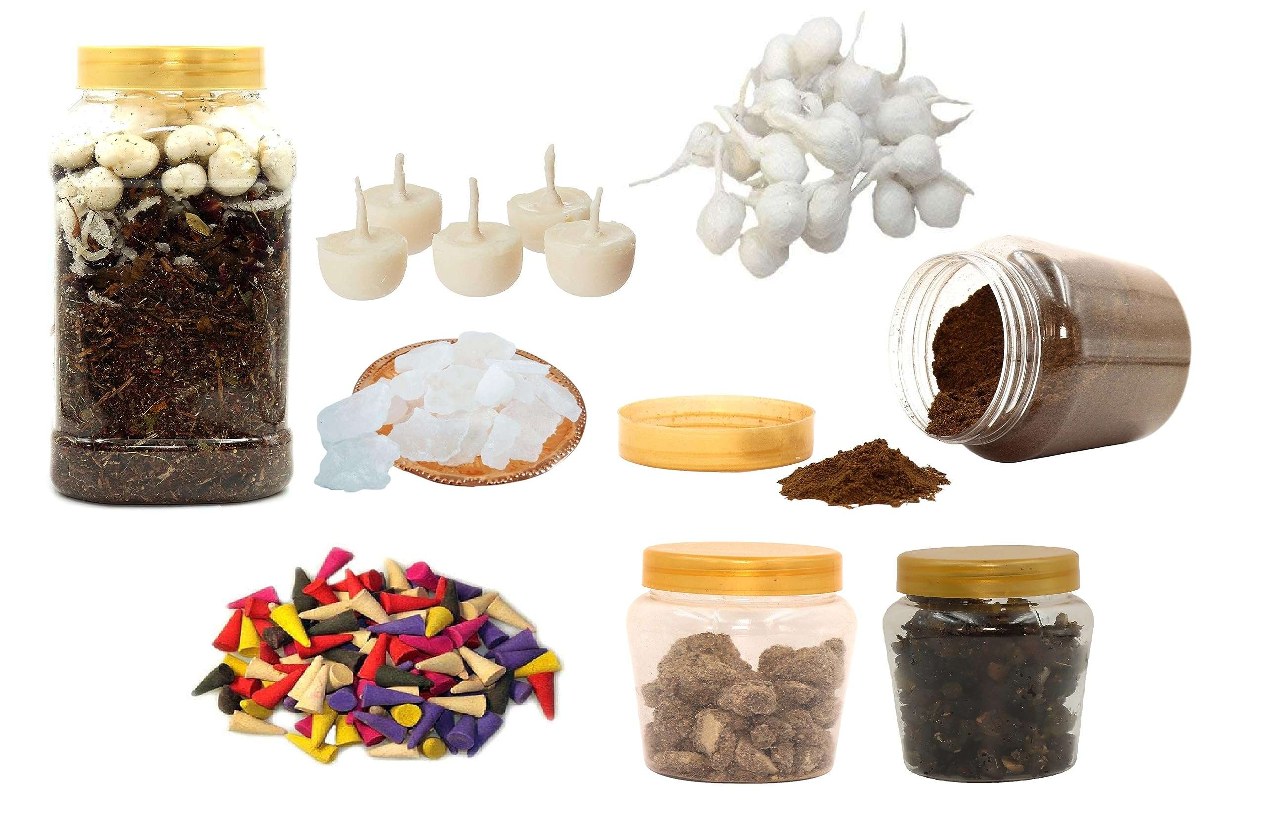 NOHUNT Navratri Combo Hawan Samagri 500gm with 18 Piece Ghee Diya Batti 100gm Desi Camphor 100gm Loban 100gm Guggal 100gm Dhooni Kalawa 18 Pieces Plain Diya Batti 50 Dry Cone Dhoop 1