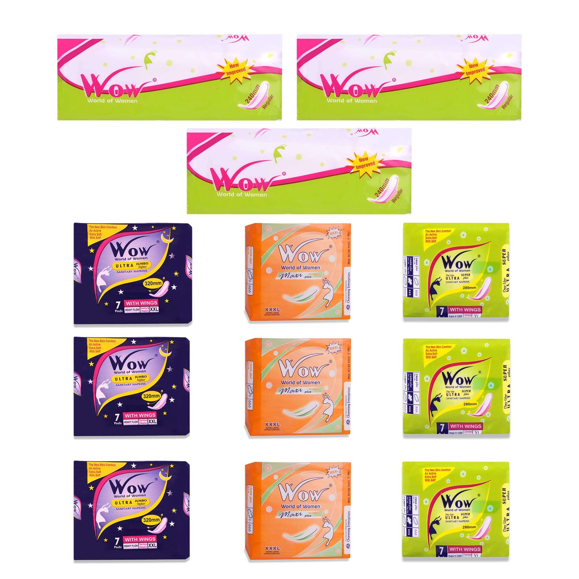 Wow World of Women Combo Pack of Maxi Jumbo Plus, Ultra Super Plus, Regular Straight and Ultra Thin Dry Coverage Organic and Rashes Free Disposable Pads for Women (84 Pads) - Pack of 12 1