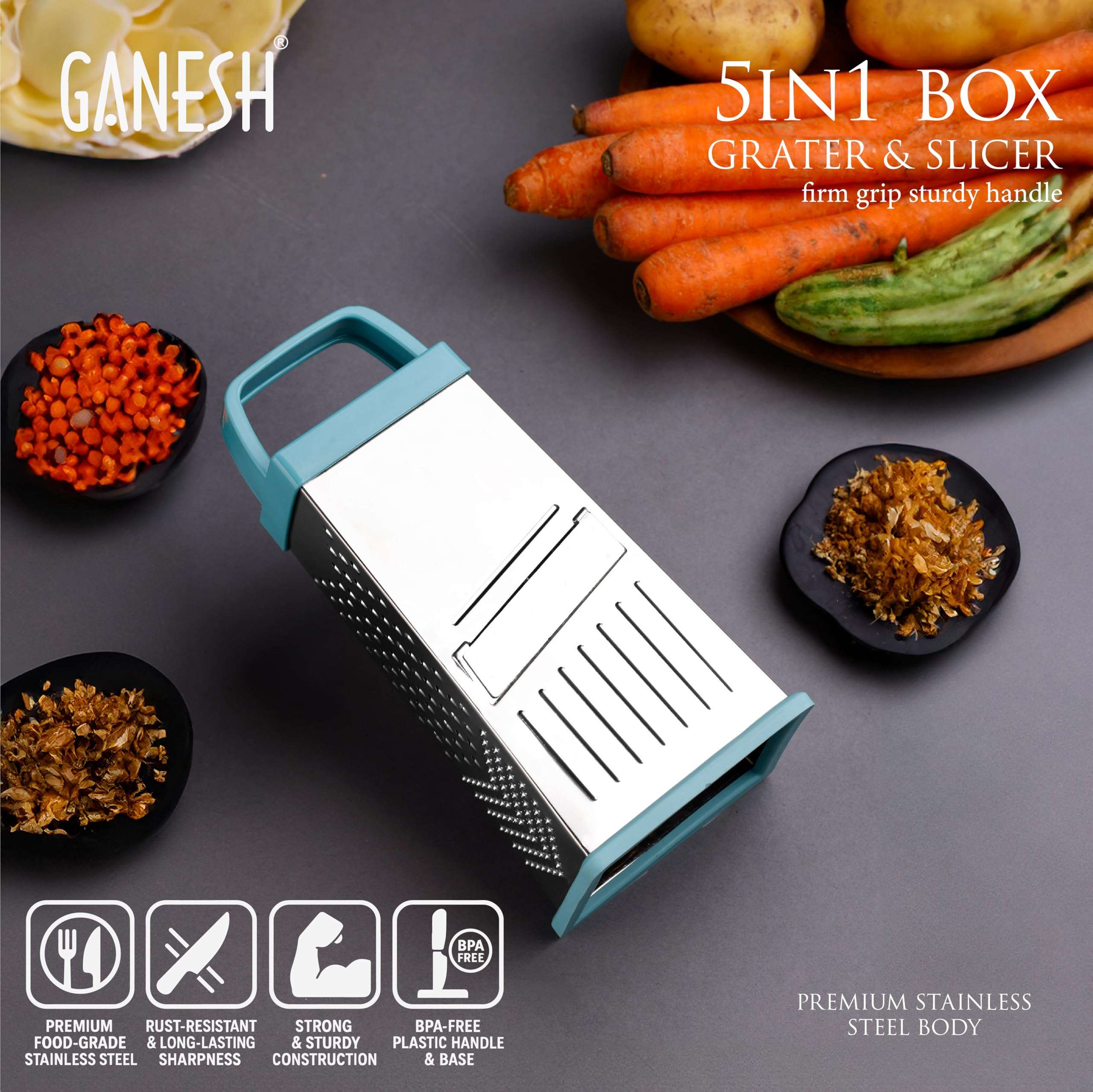 Ganesh Vegetable Grater & Slicer|Stainless Steel 5 in 1 Kitchen Chopper| Grater for Cheese|Vegetables|Ginger (Silver) 5