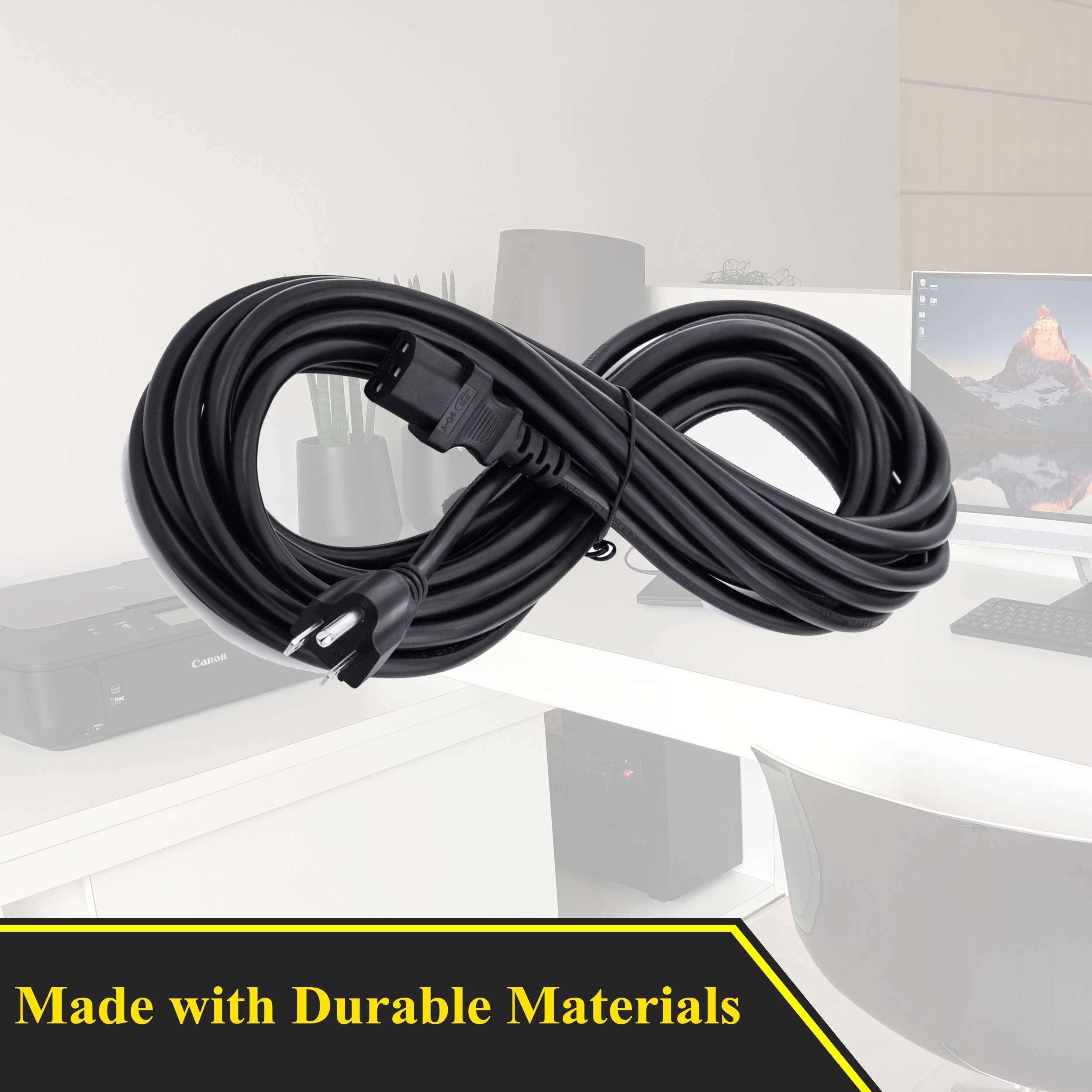 ClearMax 25 Feet Universal Power Cord Replacement, 18AWG AC Power Cable, 3 Prong Extension Cord for PC or Monitor, UL Approved, Black 3