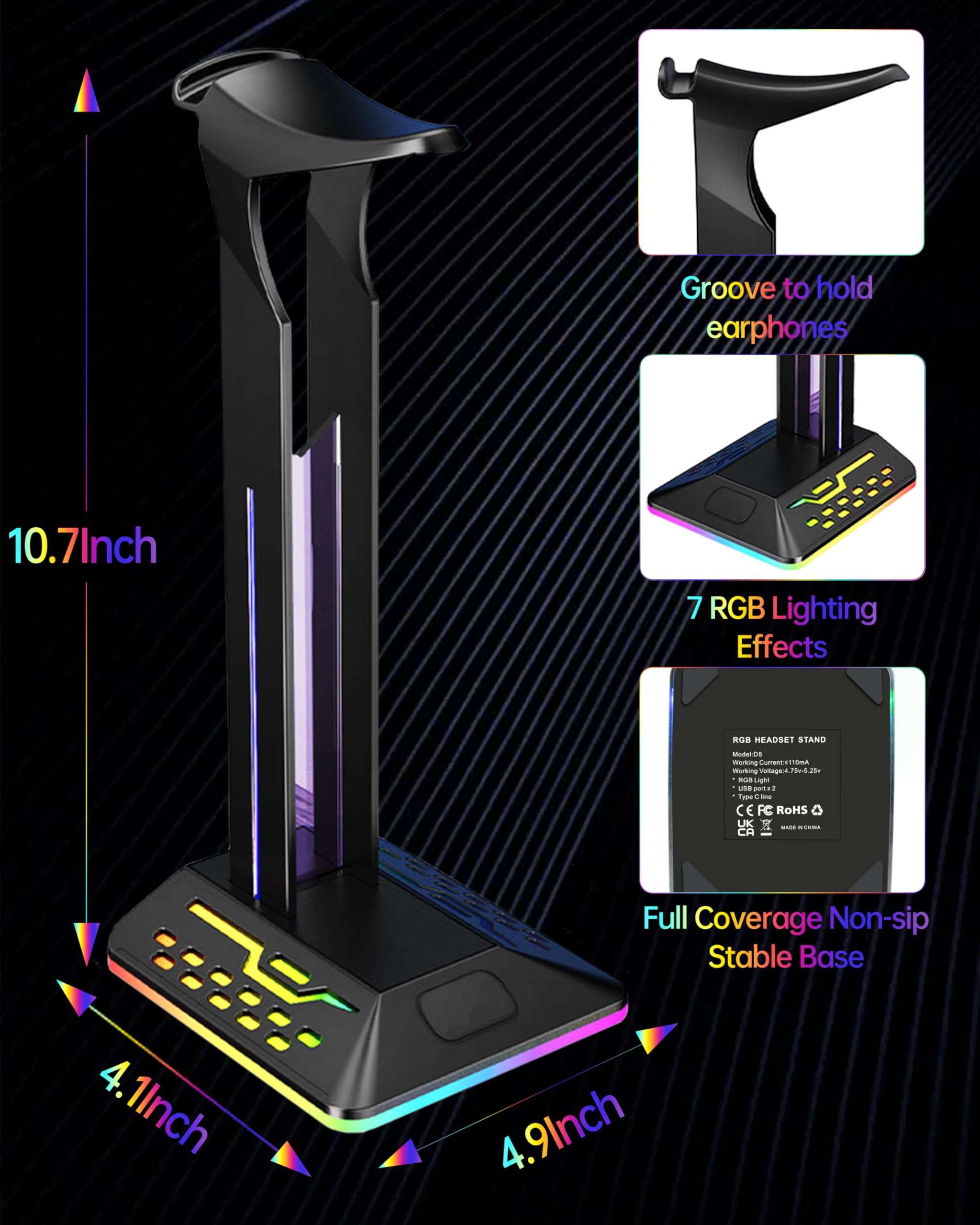 SOURCELLL RGB Headphone Stand with 2 USB 2.0 Extension Charging Port Extender Cord,Desk Gaming Headset Holder,Cool LED Headphone Holder PC Gaming Accessories,Gamer Gifts 5