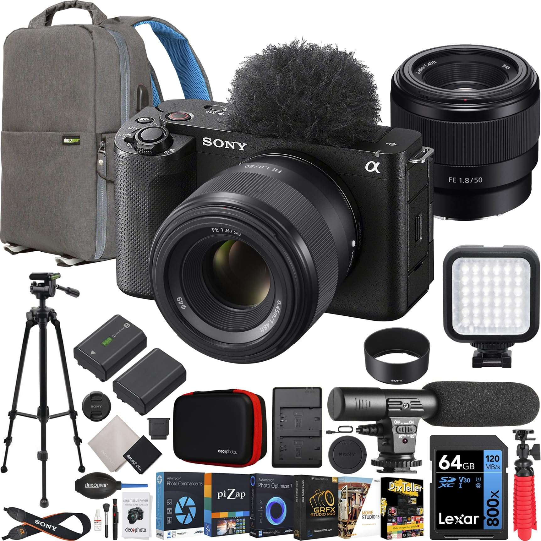 Sony ZV-E1 Full Frame Mirrorless Vlog Camera Body + FE 50mm F1.8 Full Frame E-Mount Lens ILCZV-E1/B Black + SEL50F18F Bundle with Deco Gear Backpack + Tripod + 2 Battery, LED and Kit Accessories 1