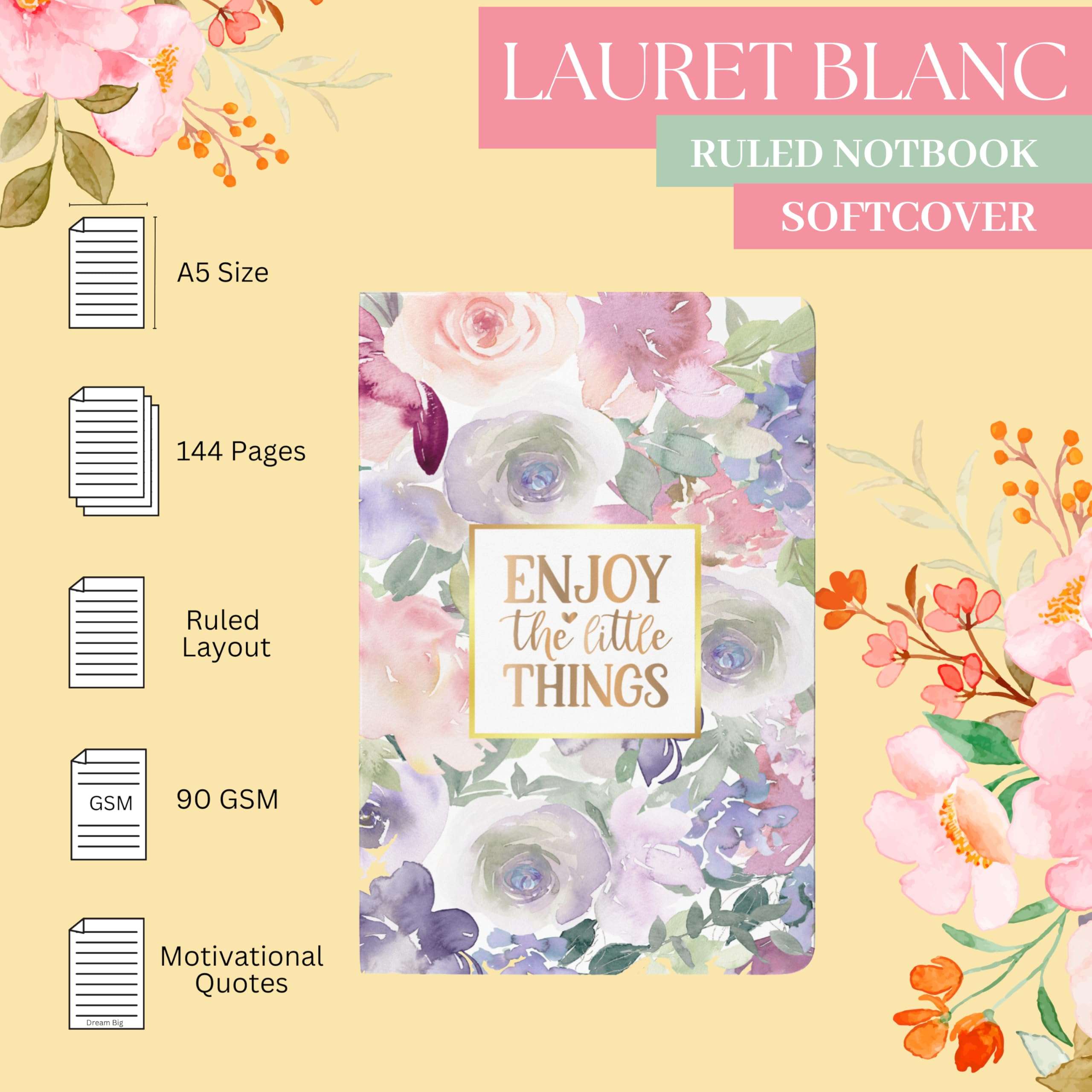 LAURET BLANC Notebook Journal - A5 Size, 144 Ruled Pages, 90 GSM Natural Shade, Paperback 2