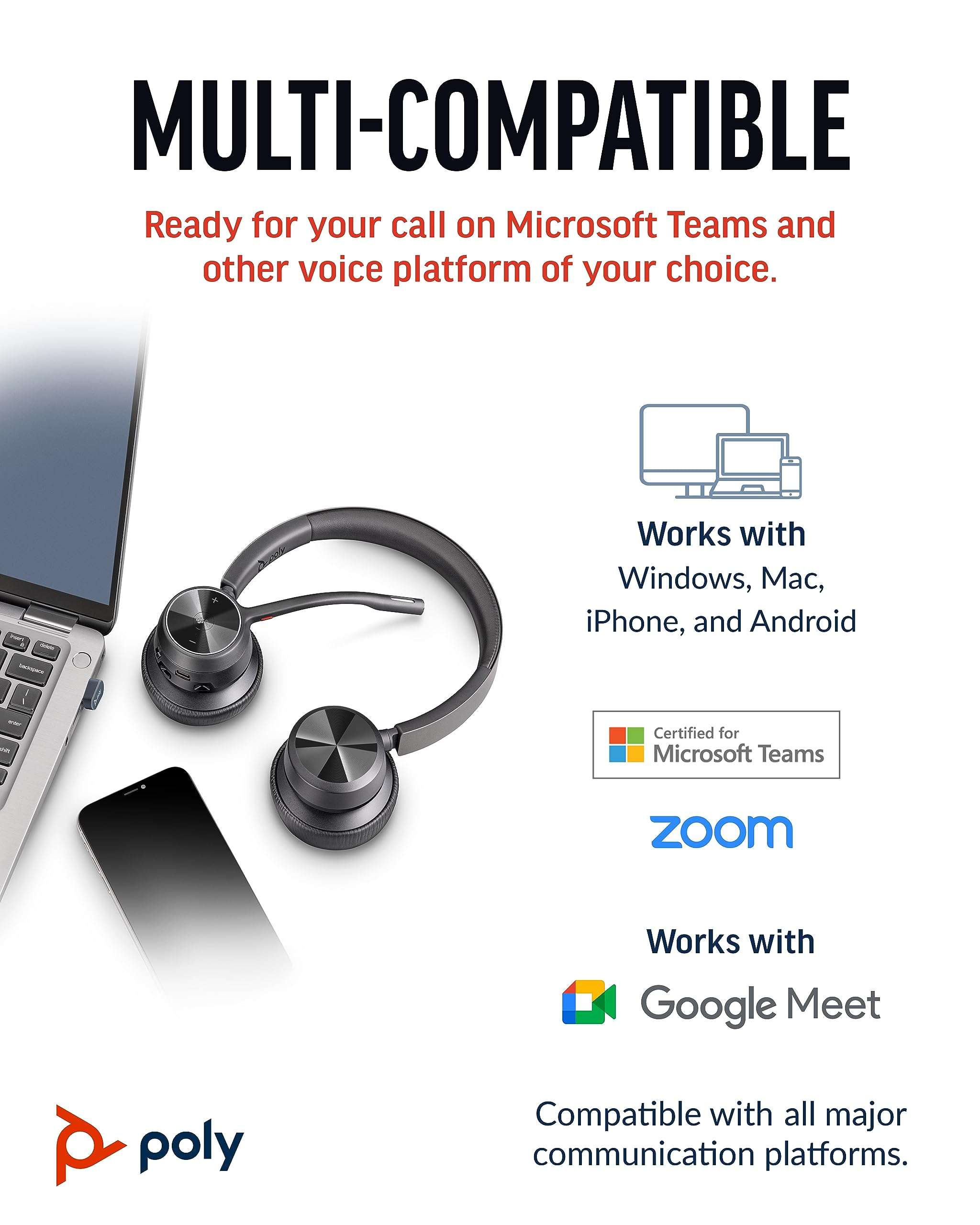 Poly (Plantronics) Voyager 4320 Wireless Headset, Over-Ear w/Noise-canceling mic, 162g, Connect to Mobile/Tablet via Bluetooth and PC via USB-A/C, Works with Teams, Zoom, and More, Black, 8G107AA 6