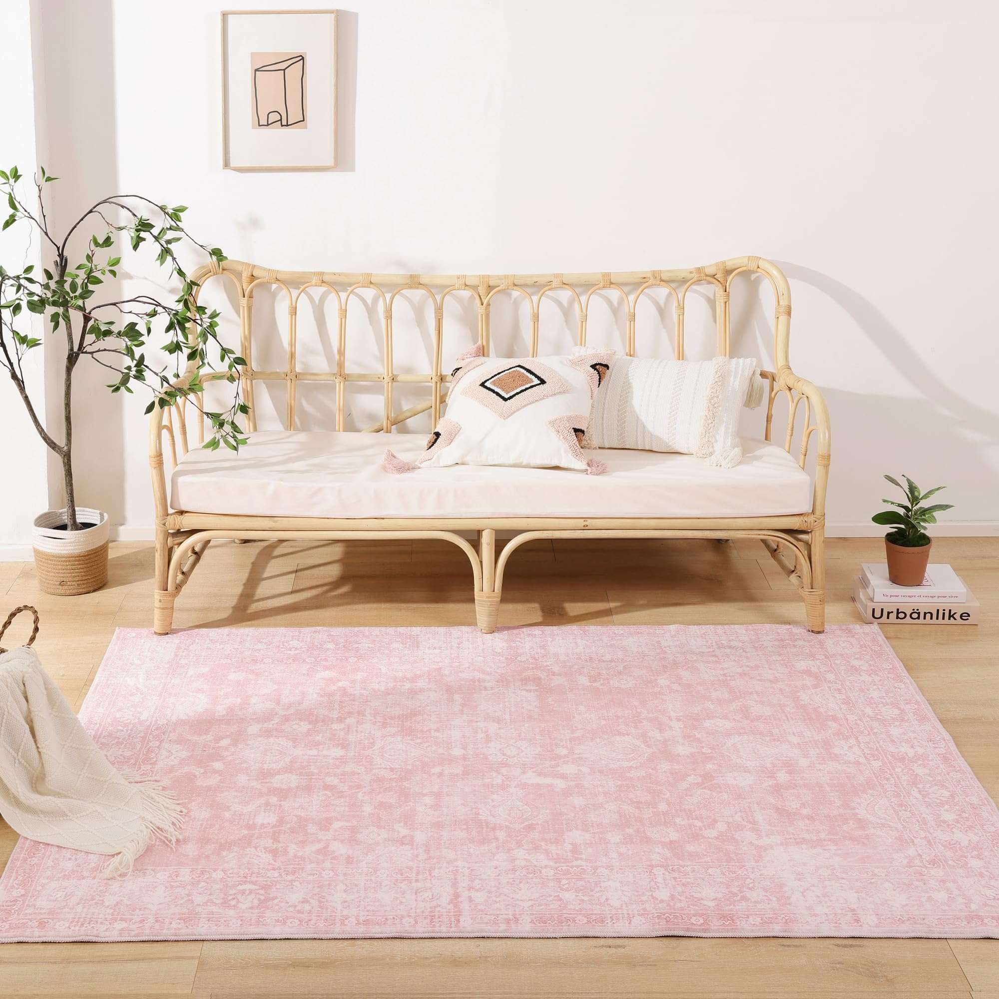 FROZZUR Boho Pink Area Rug 3x5 Washable Vintage Rug for Bedroom Kitchen Dining Room, Non Slip Distressed Entryway Rugs for Home Office Decor Pink 5