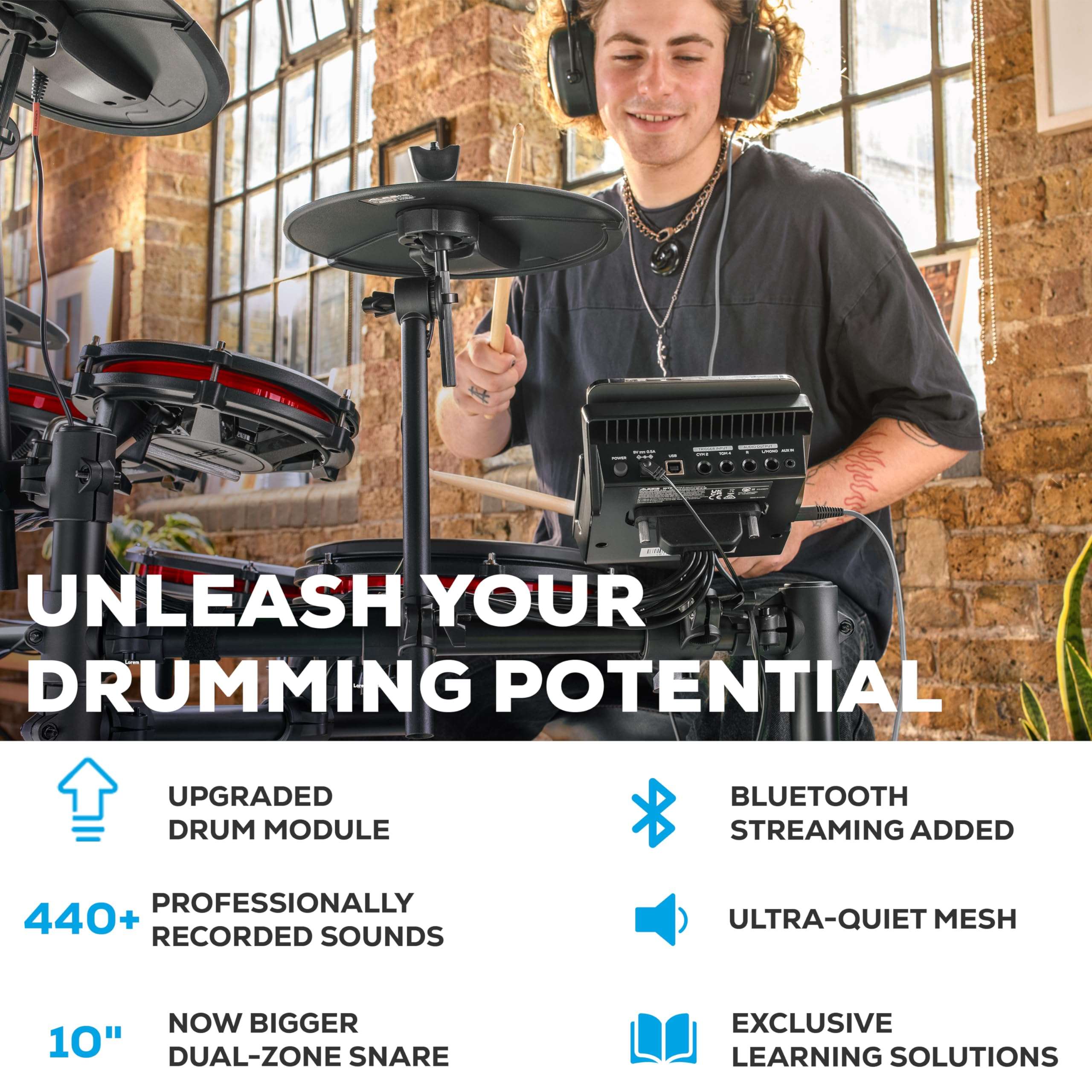 Alesis Nitro Max Kit 10 Piece Electric Drum Set with Quiet Mesh Pads, 10" Dual Zone Snare, Bluetooth, 440+ Sounds, Drumeo, Drum Throne and Headphones 3