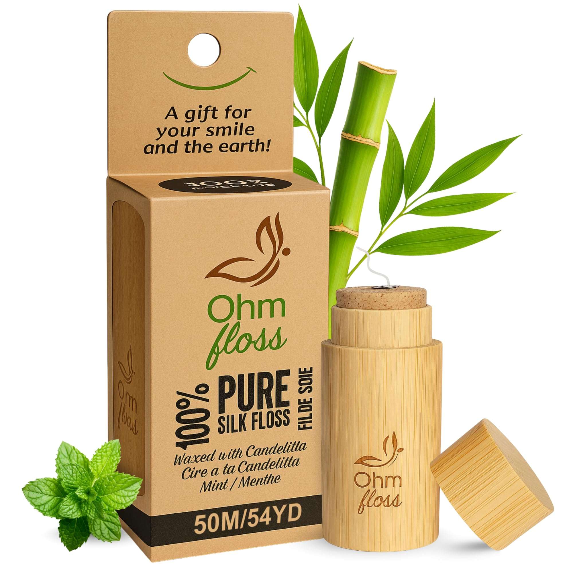 Ohm Earth’s Ohm Floss – Natural Silk Dental Floss with Refillable Bamboo Holder, Naturally Waxed with Candelilla 100% Silk, 55 yds/50m Spool – Eco-Earth Oral Care, Natural Mint 1