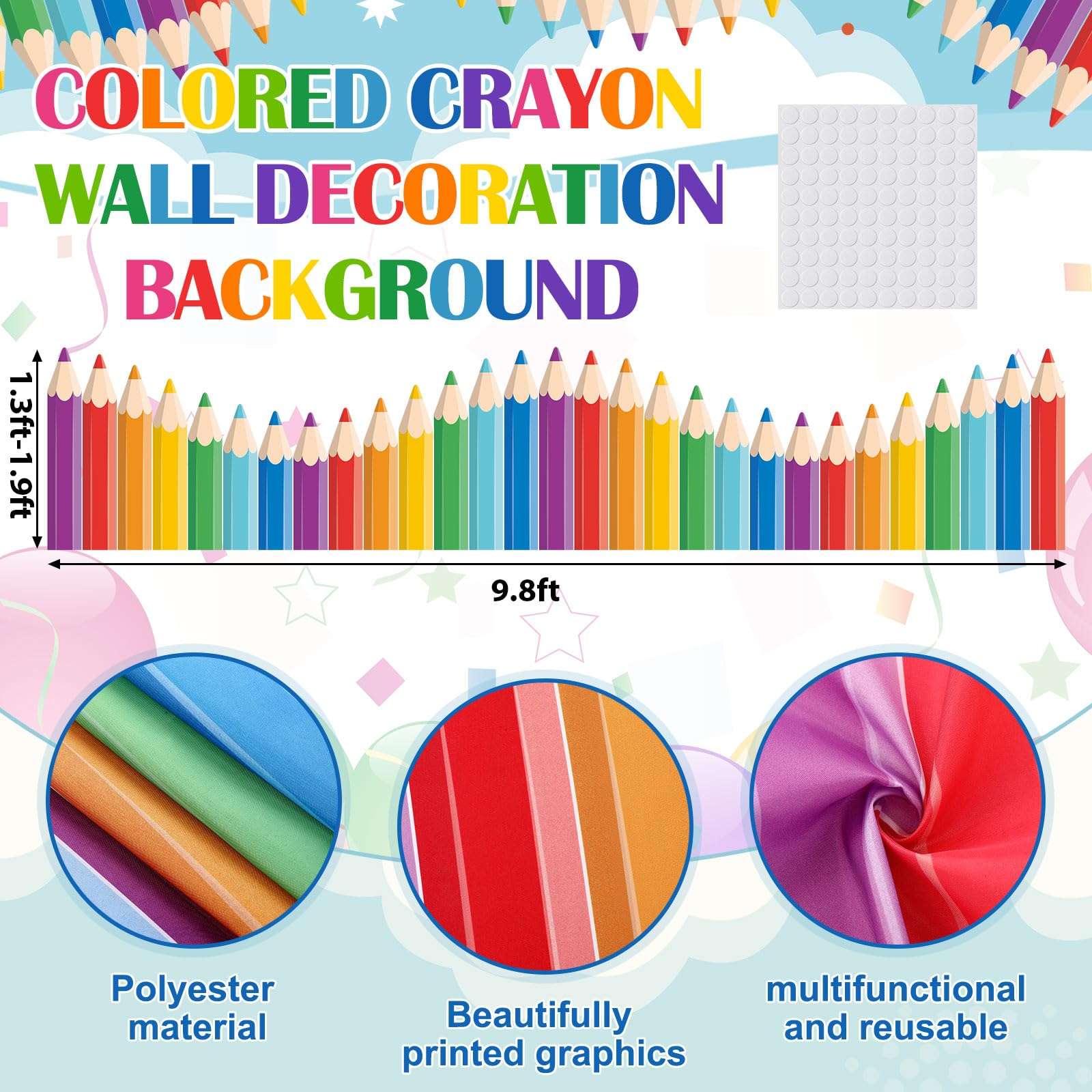 Gilprop 9.8 ft Colorful Crayon Classroom Wall Decor Fabric Back to School Classroom Wall Decoration Backdrop with Adhesive Dots Cuttable Crayon Bulletin Board Decoration for Preschool Graduation 3