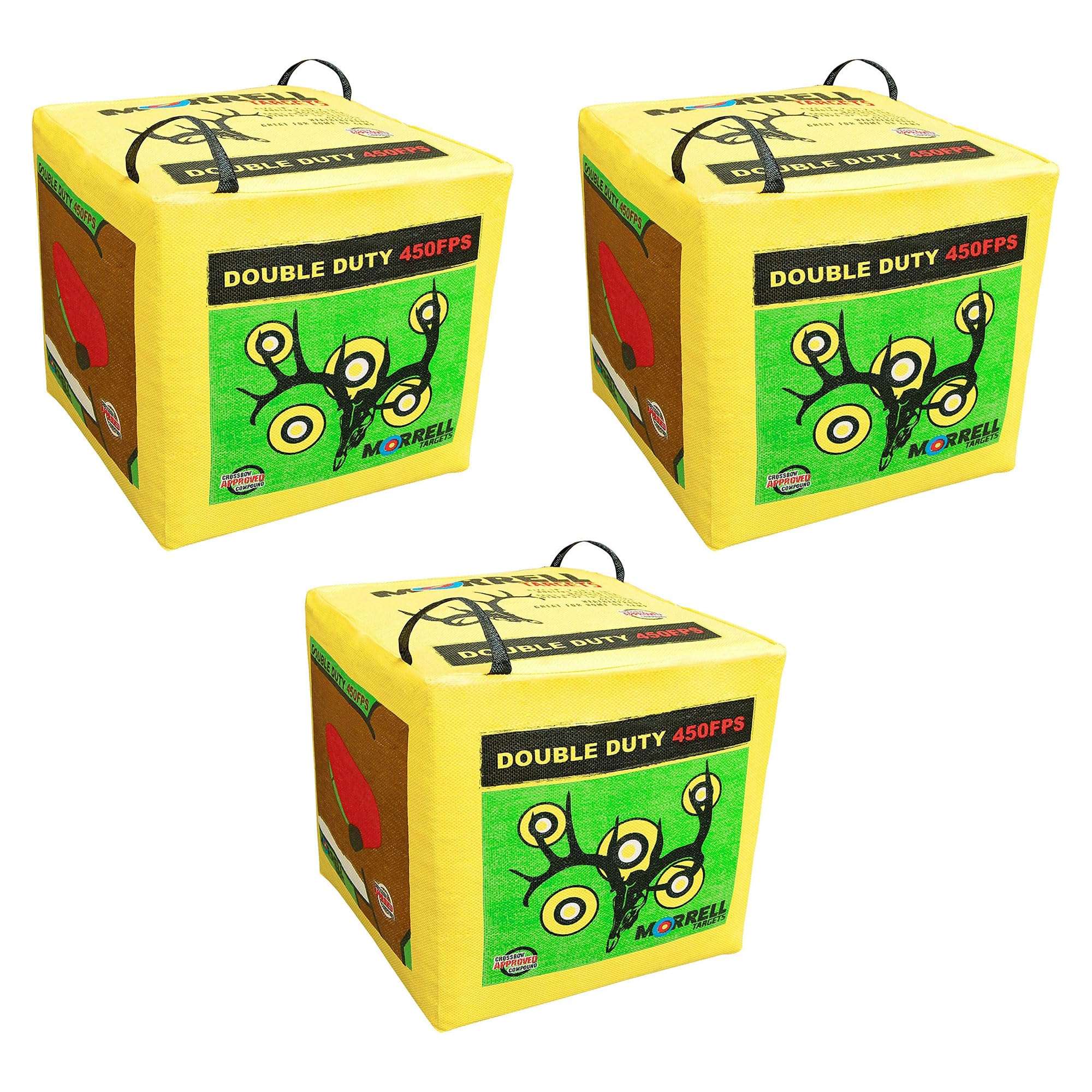 Morrell Double Duty 450 FPS Cube Field Point Archery Bag Target with Traditional Bullseyes, Nine-Ball, Dartboard Game, and Deer Vitals, 3 Pack, Yellow