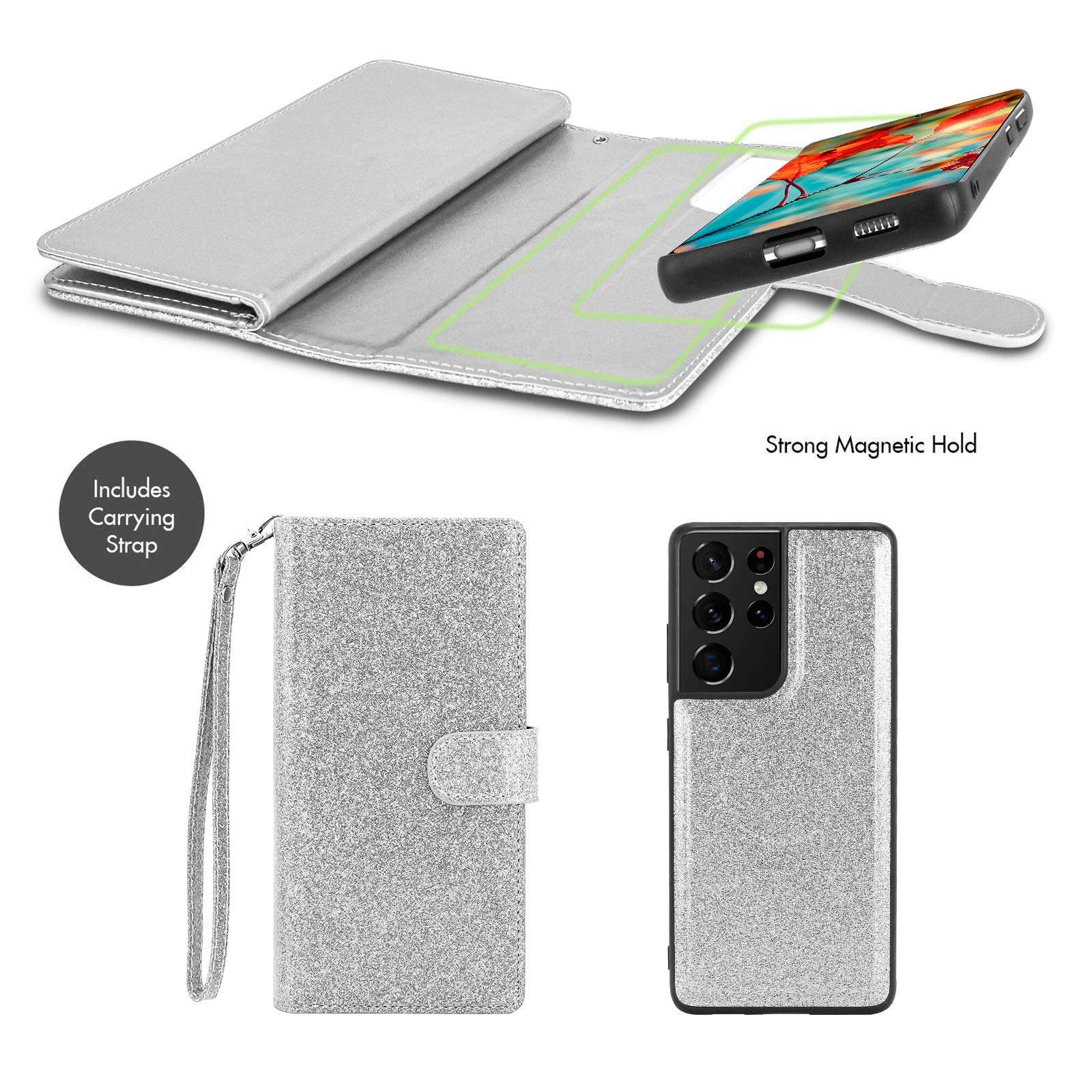 Newseego for Samsung Galaxy S21 Ultra Wallet Case (6.8 Inch),Glitter PU Leather Magnetic Closure Multi-Credit Card Slot Cash Holder Detachable 2 in 1 Wallet Cover with Wrist Strap-Silver 5