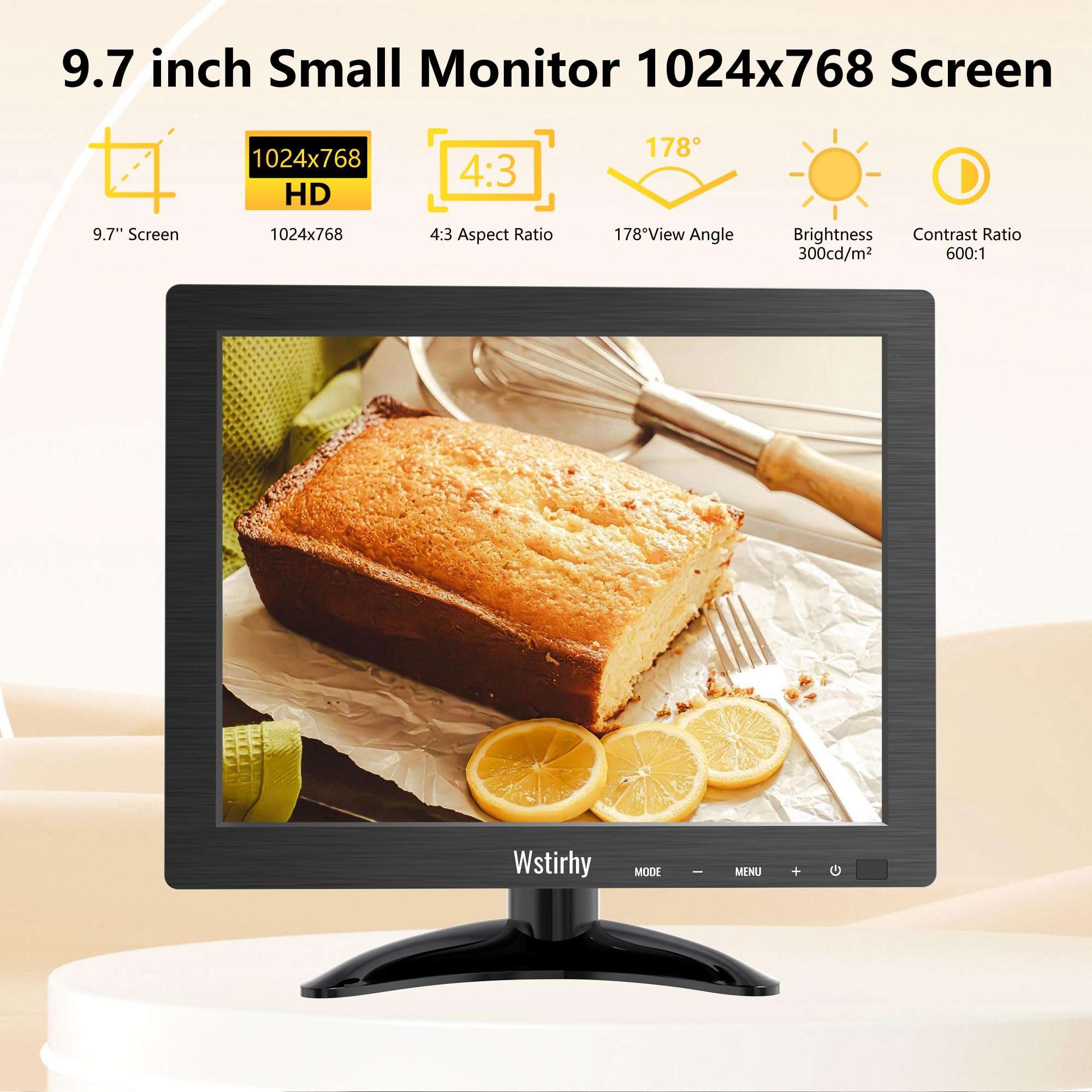Wstirhy 9.7 Inch Small Monitor 1024x768 Portable Monitor 4:3 Screen Display with HDMI VGA AV BNC USB Port, 60Hz, VESA, Built-in Speaker, Remote Control for PC Computer Laptop RasPi 2