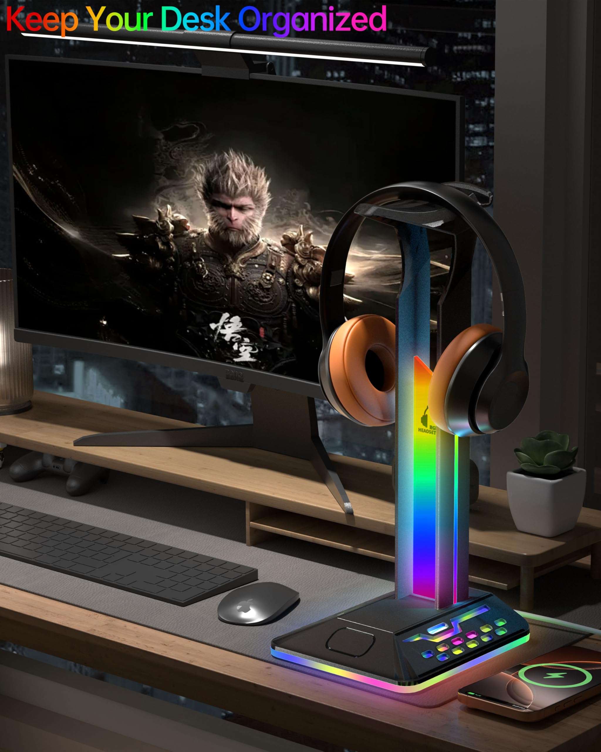 SOURCELLL RGB Headphone Stand with 2 USB 2.0 Extension Charging Port Extender Cord,Desk Gaming Headset Holder,Cool LED Headphone Holder PC Gaming Accessories,Gamer Gifts 6