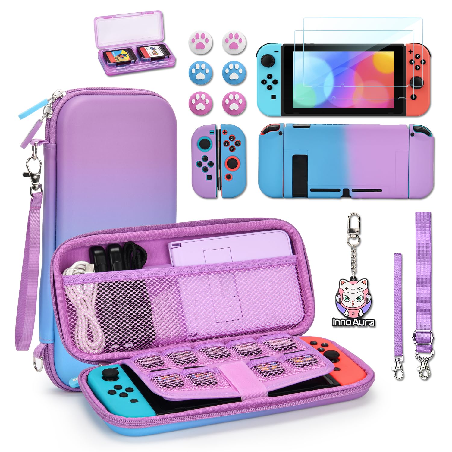 Switch Case for NS Switch, innoAura 16 in 1 Switch Accessories Bundles with Switch Carrying Case, Switch Game Case, Switch Protective Case, Switch Screen Protector (Blue-purple Gradient)
