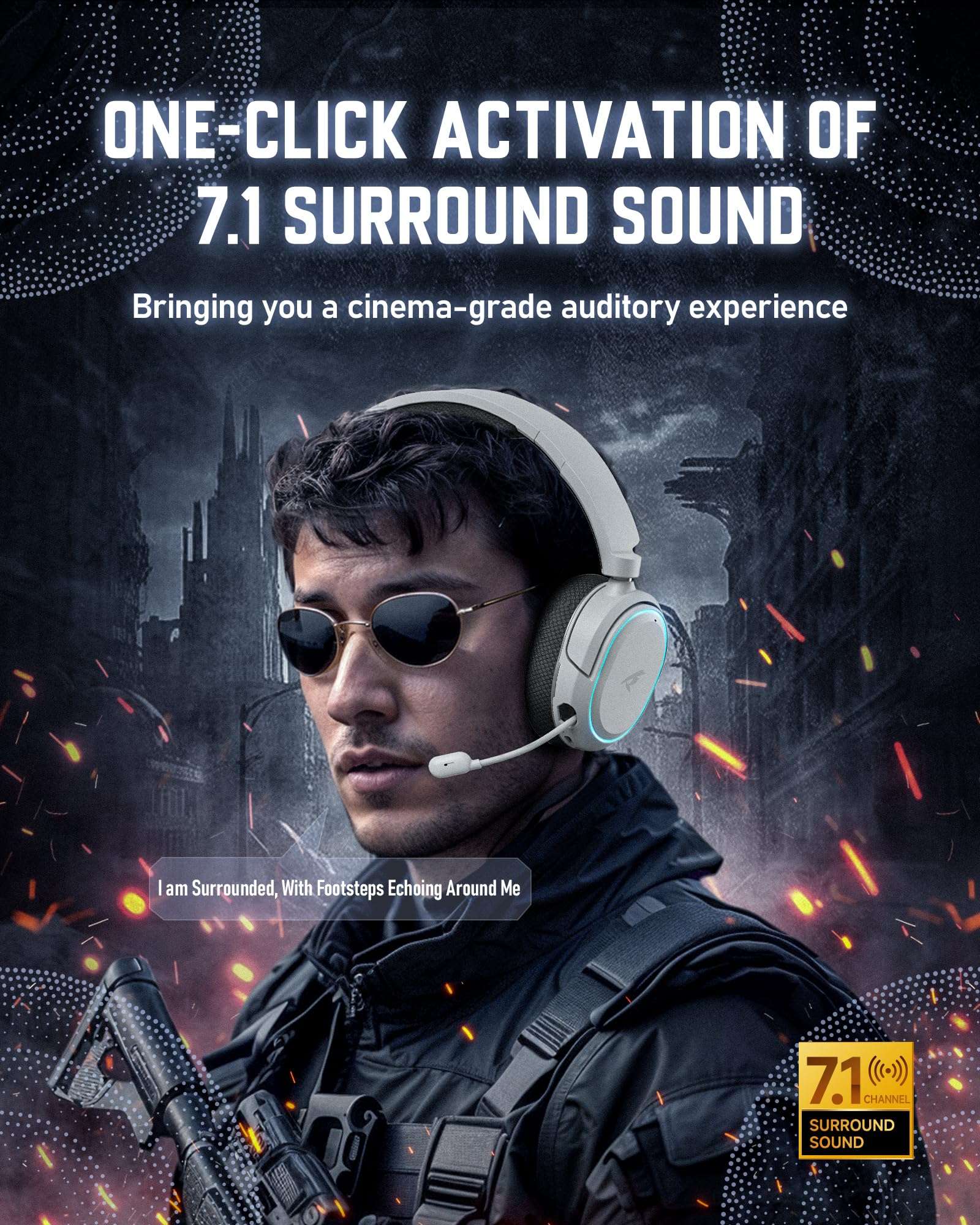 Wireless Gaming Headset, 7.1 Surround Sound, 2.4GHz USB Gaming Headphones with Bluetooth 5.4, 100H Battery, ENC Noise Canceling Mic, RGB Light, Wireless Headset for PC PS5 PS4 Mac Switch (Black-White) 3