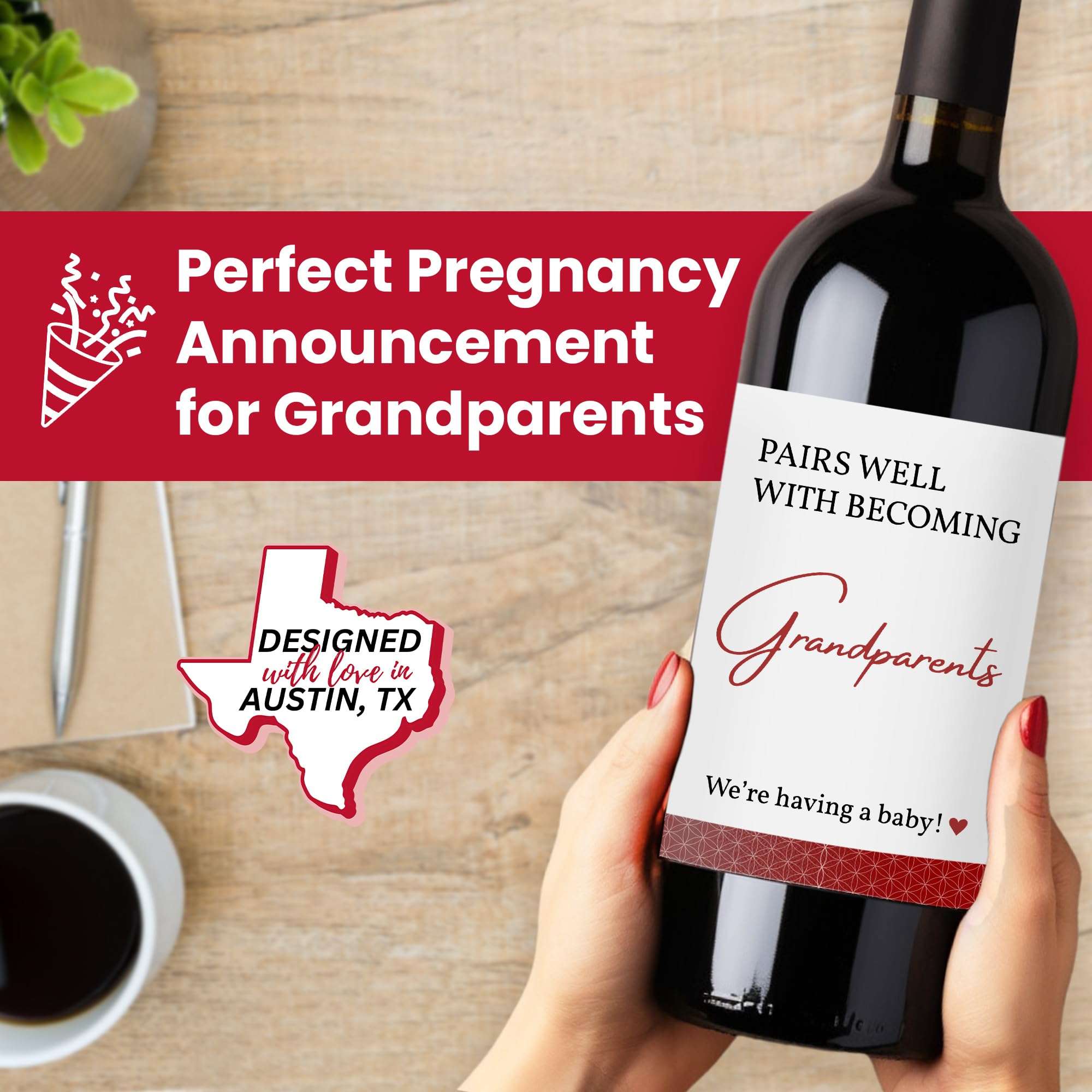 Pregnancy Announcement For Grandparents Wine Bottle Label, Baby Reveal Ideas For Grandparents Announcement Gifts, First Time Grandparents Gifts, Set Of 5 Easy To Apply Stickers, Designed In Austin, TX 3