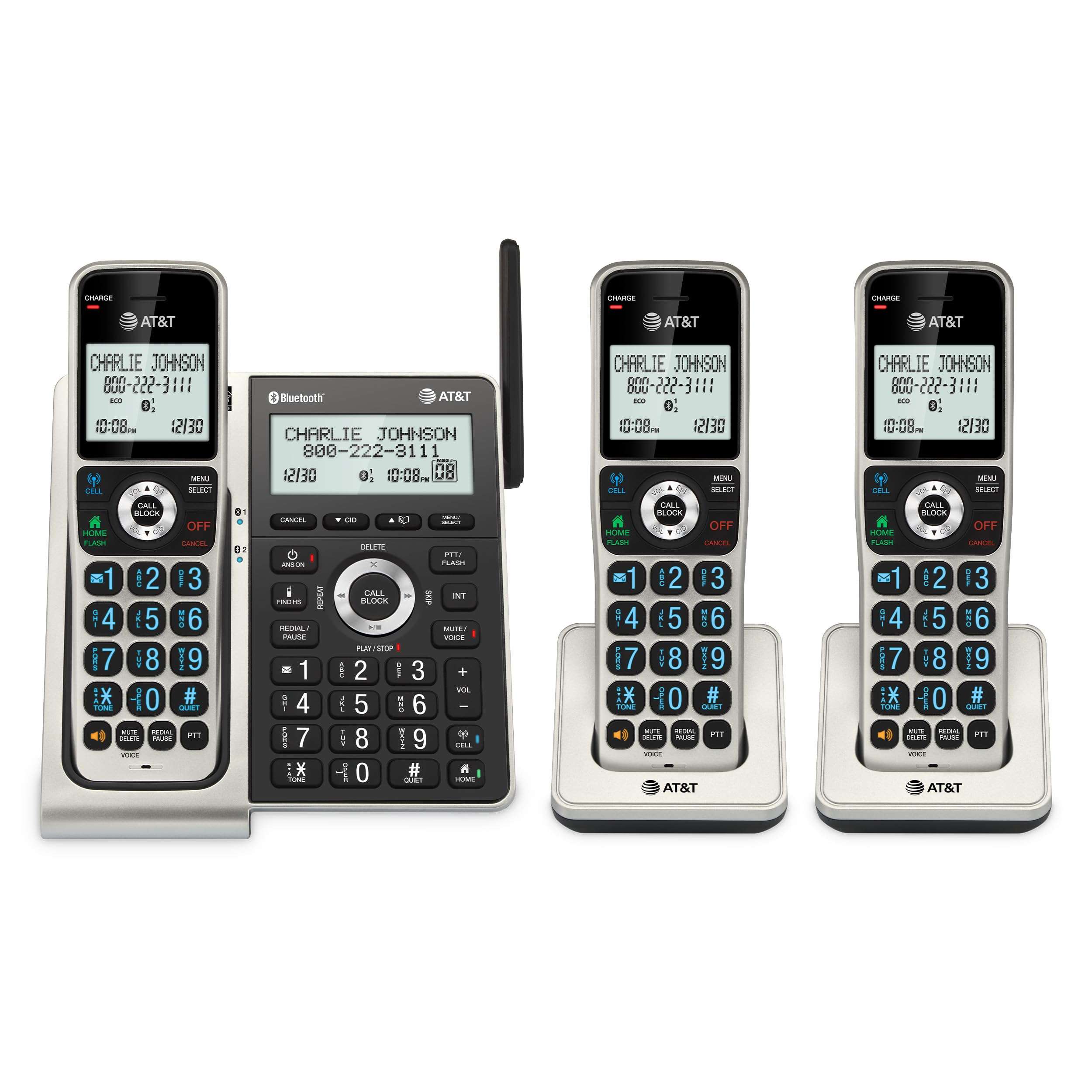 AT&T BL3107-3 3-Handset DECT 6.0 Cordless Home Phone with Bluetooth, Answering System, Smart Call Blocker, Extended Range, 2" Backlit Screen, Lighted Keypad with Big Buttons, Caller ID & Call logs 1