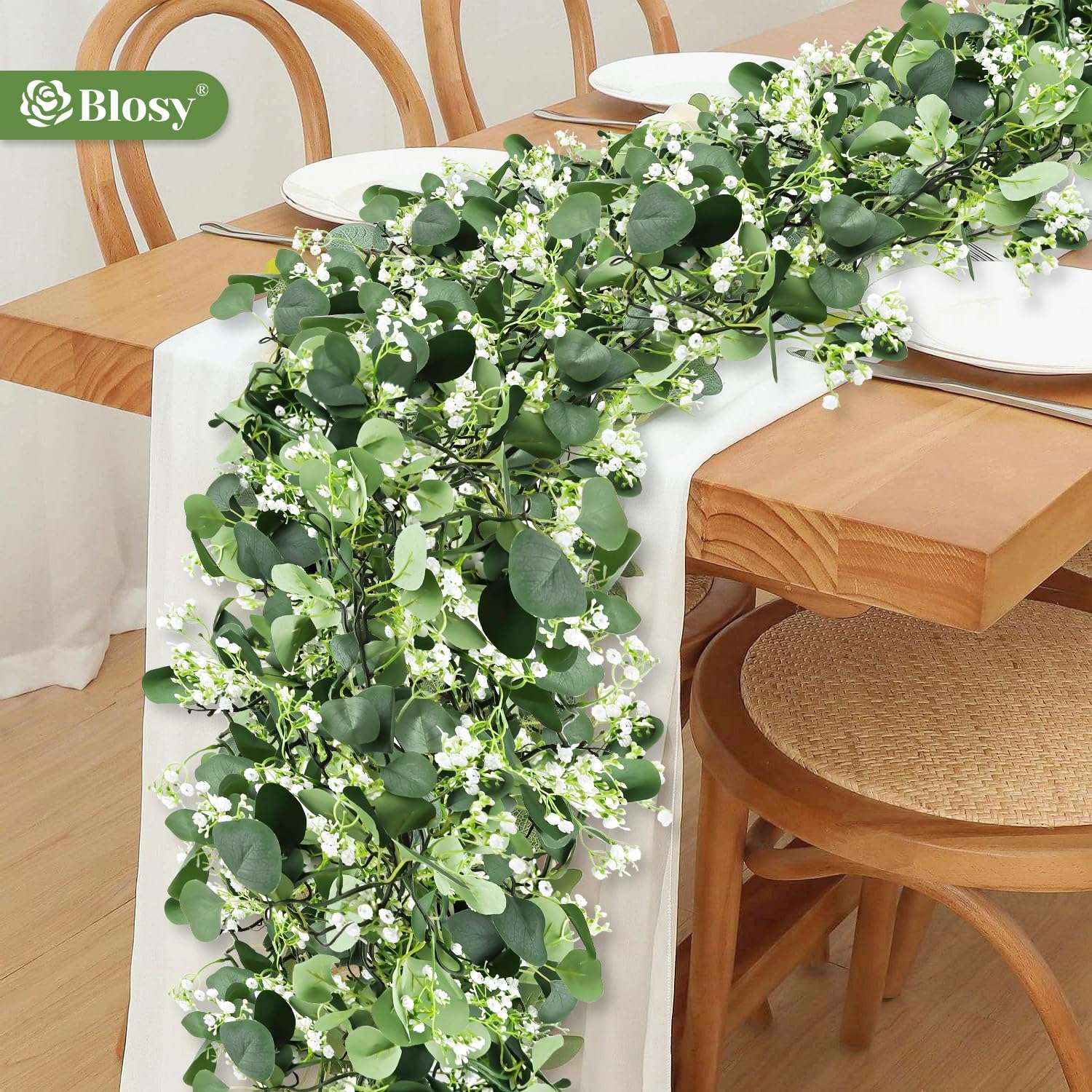 BLOSY 2 Pack Fake Vines with Eucalyptus Leaf & Flower, Artificial Ivy Garland for Room Decor, Green Flowers Hanging Plants Faux Greenery Leaves Bedroom Aesthetic for Home Garden Wall Wedding 6