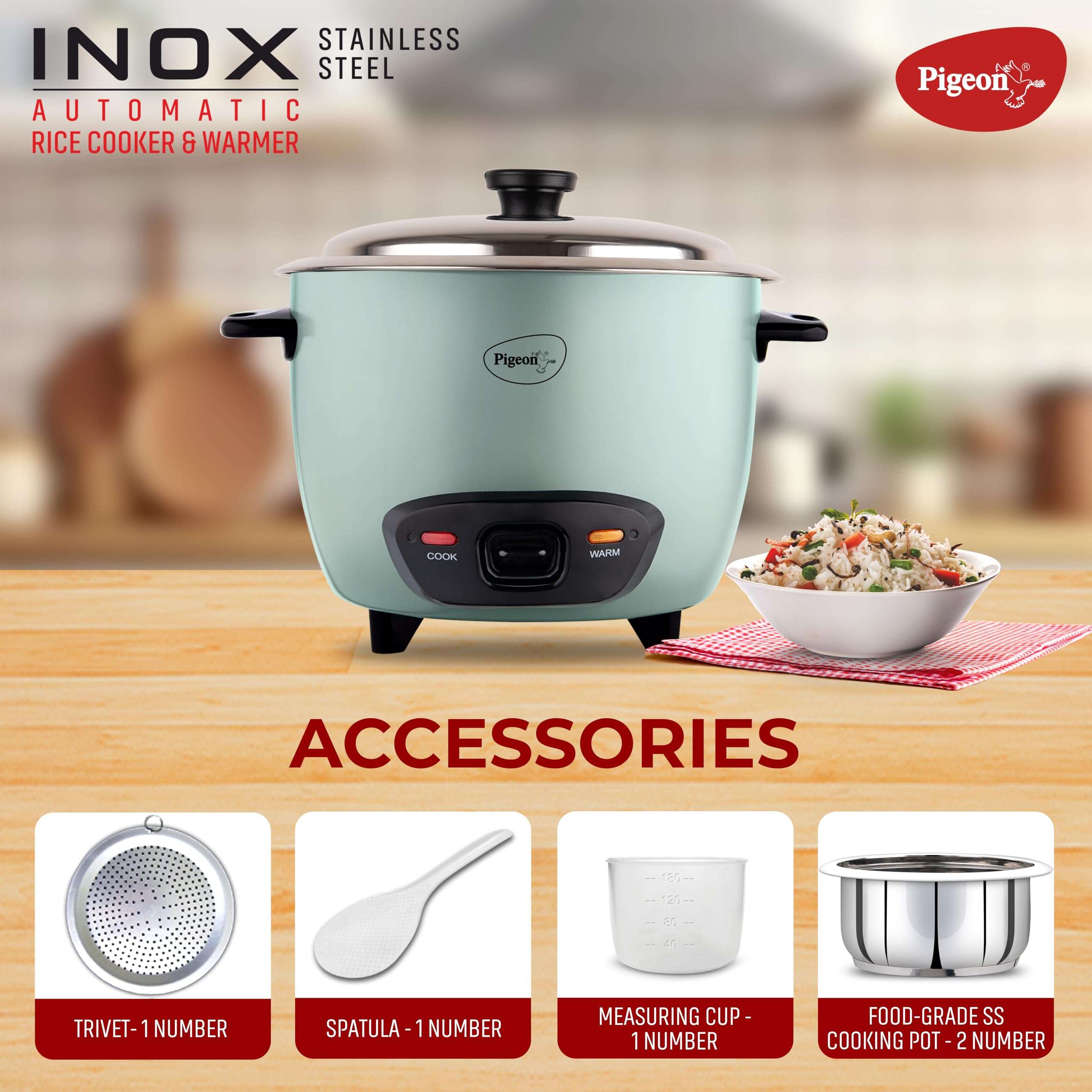 Pigeon Inox Rice Cooker with Double pot, 1.8 litres | Stainless Steel Lid | 700 Watts | 2 Steel Cooking Pot | Measuring Cup | Spatula | Energy Efficient Cooking 5