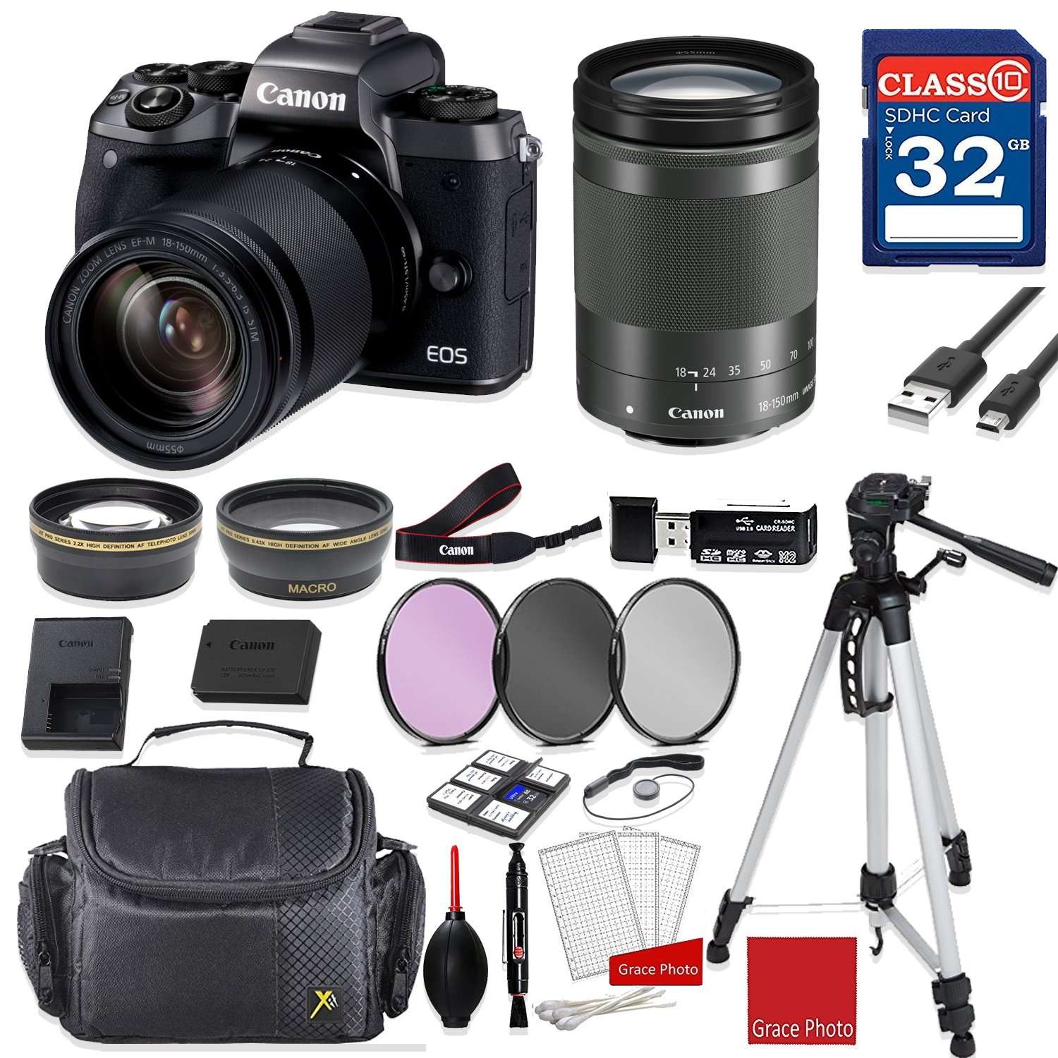 Canon EOS M5 Digital Camera (Black) with Canon EF-M 18-150mm f/3.5-6.3 is STM Lens (Graphite) + Professional Accessory Bundle 1