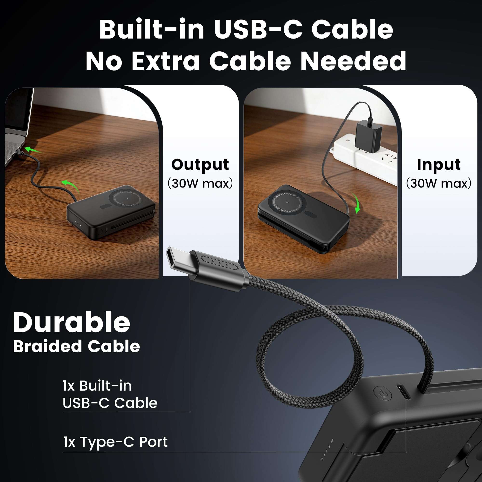 FELIZUPER 5-in-1 Portable Charger,10000mAh Foldable Power Bank Fast Charging Station Built-in USBC cable Travel,for MagSafe Battery Pack Magnetic for iPhone 17/16/15/14/13/12,Apple Watch,Airpods,Black 6