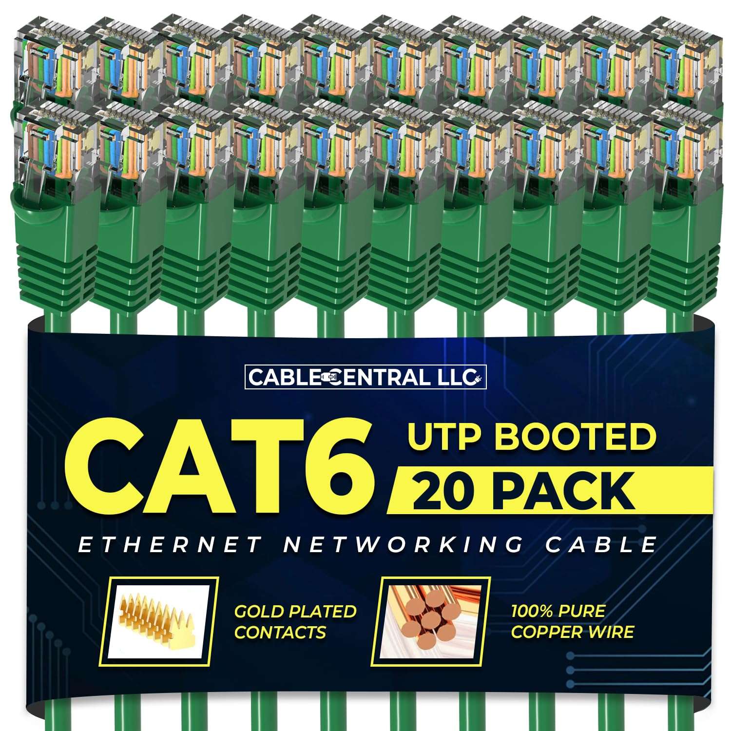 Cable Central LLC Cat 6 Ethernet Cable 20 Feet (20 Pack) Green - UTP Booted - High Speed Internet Patch Cord with RJ45 Connector, 20 Ft Computer Network Cable 1