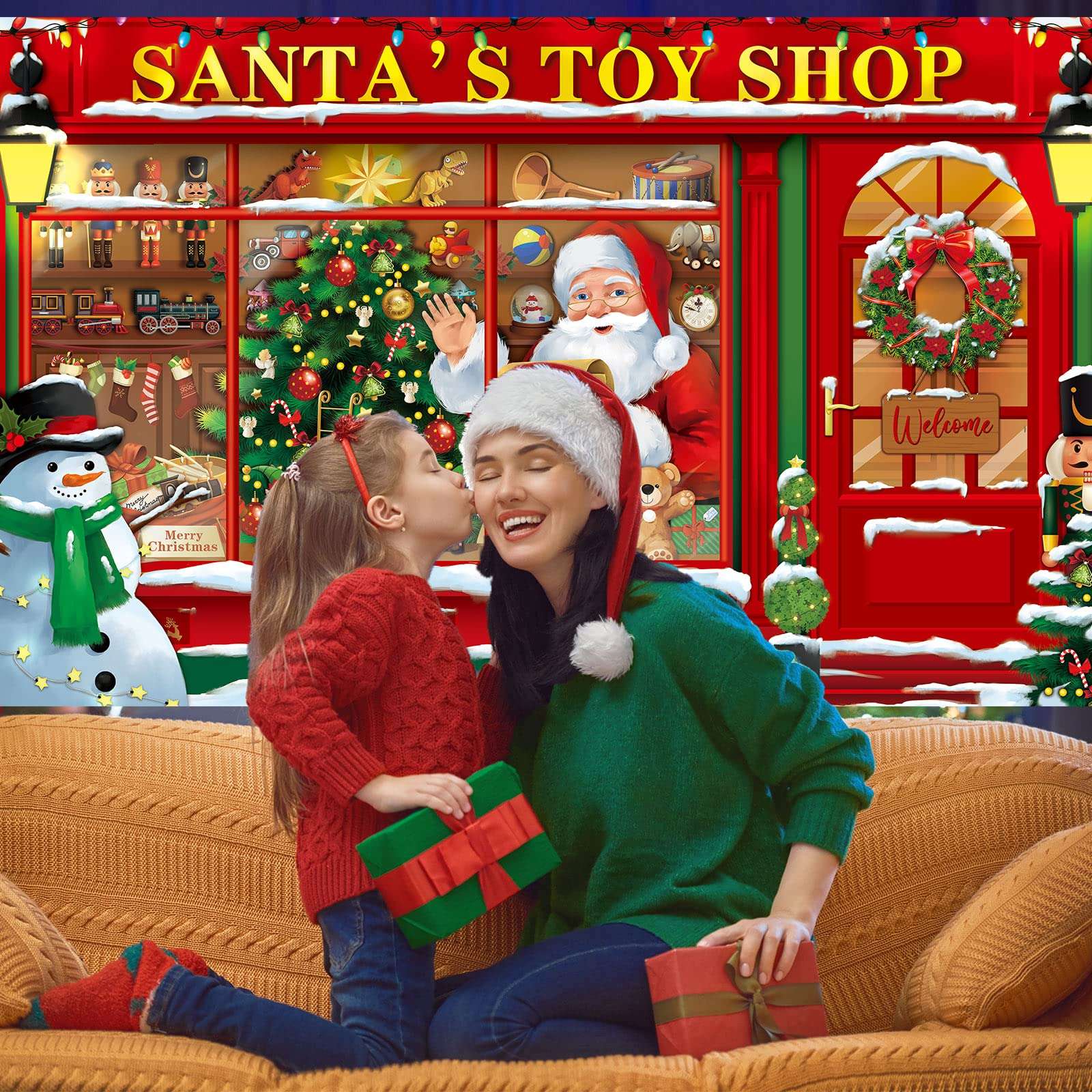 Christmas Party Photography Backdrop Banner Santa's Toy Shop Christmas Store Background Santa Store Photo Backdrop Santa's Toy Shop Background for Xmas Party Holiday Party Supplies, 72.8 x 43.3 Inch 4