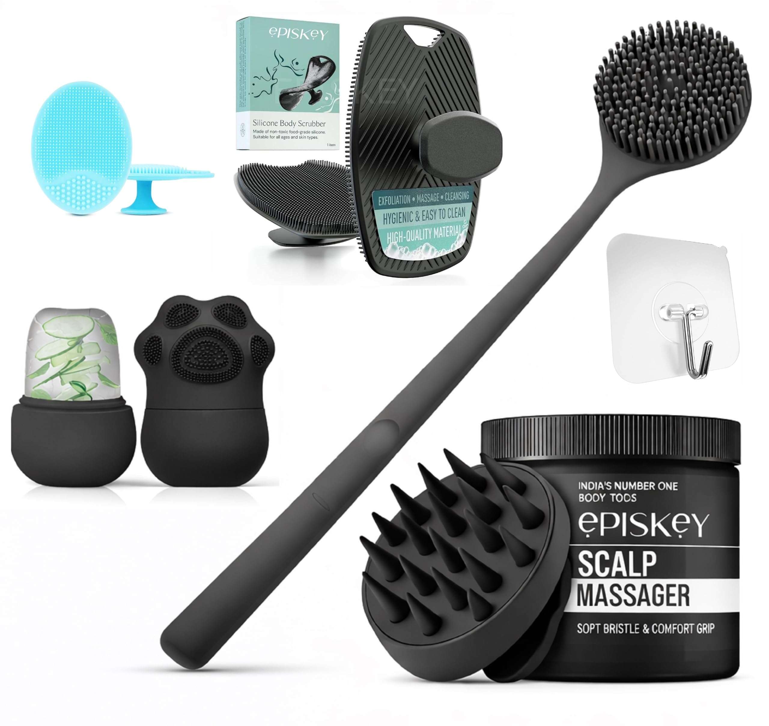 Episkey Soft Silicone Back Scrubber Long Handle Bath Brush + Body Scrubber Bath Brush + Scalp Massager for Hair + Face Scrubber Brush + Ice Face Roller Combo, Super-Exfoliating & Lathering Body Scrubber, Shower Brush | BPA-Free | for Men and Women (With A Free Hook 2-pcs) 1