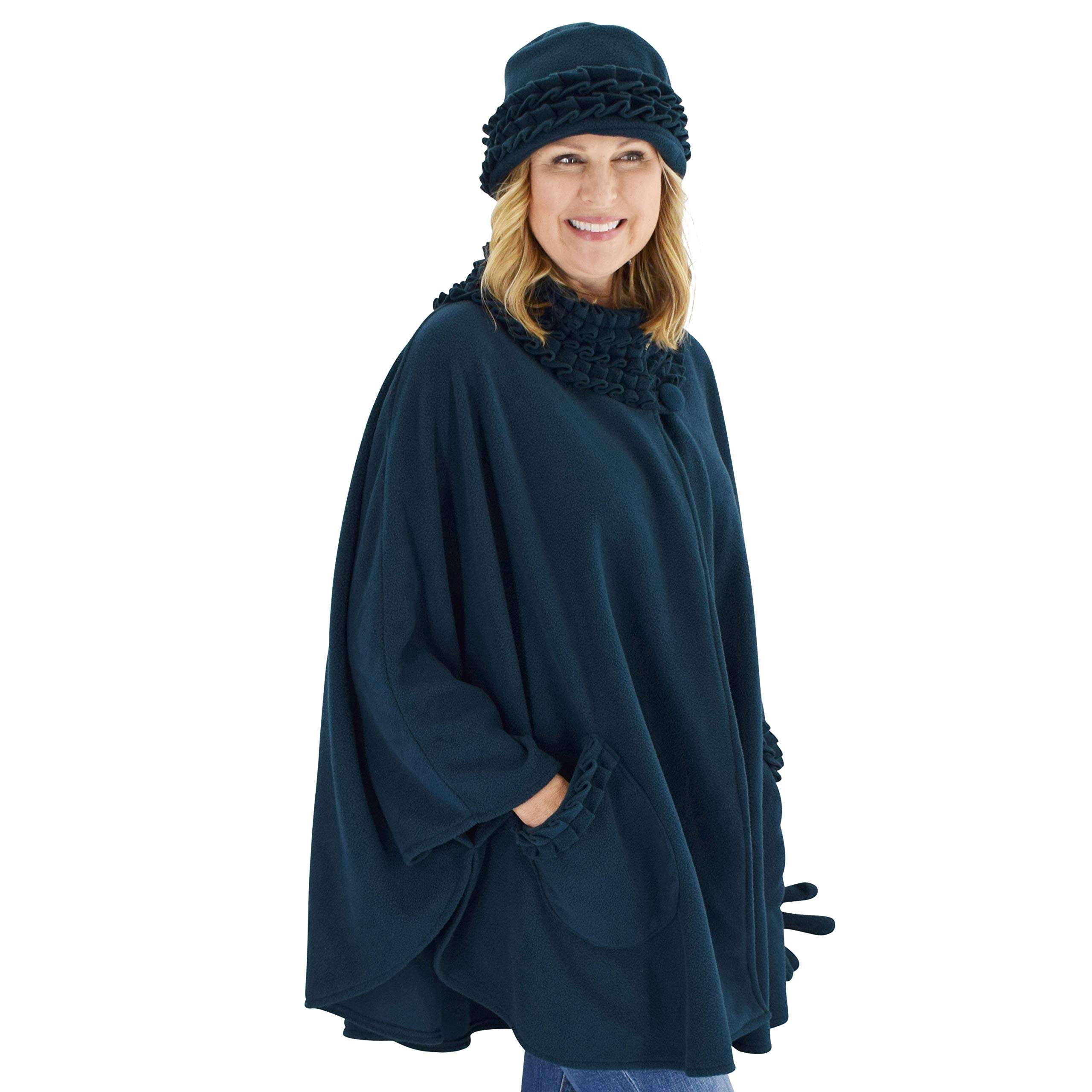Le Moda Women's Ruffle Trim Polar Fleece Wrap with Matching Gloves and Hat | Winter Collection | One Size Fits All (Teal Blue) 4