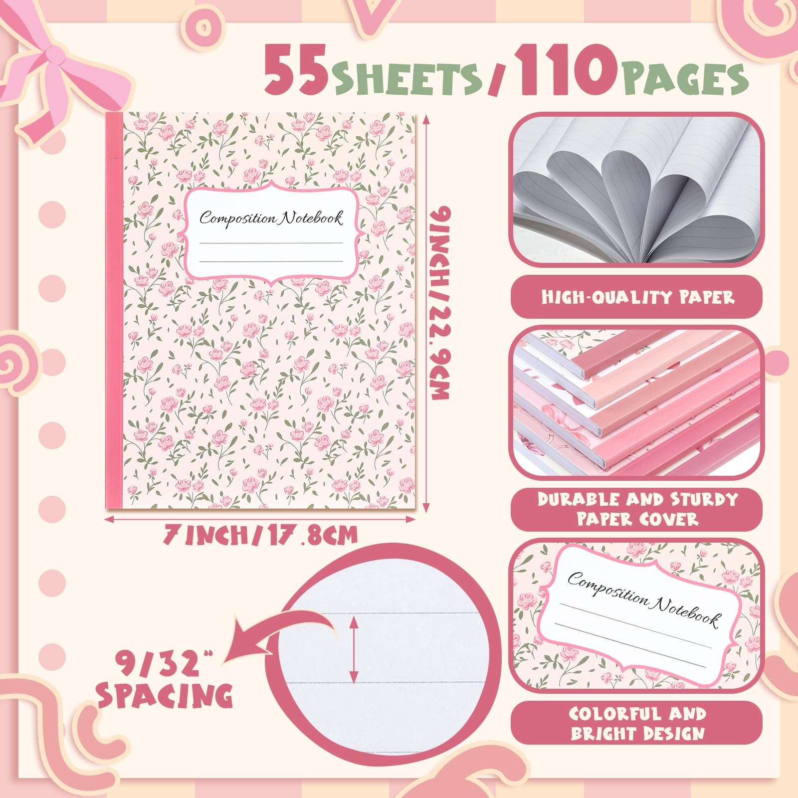 6 Pcs Bow Composition Notebooks Coquette Preppy Journal College Ruled Notebook Gift 110 Pages 9-3/4 x 7-1/2" Composition Notebooks for Mother's Day College Classroom Teacher Supplies(Pink,7" X 9") 3