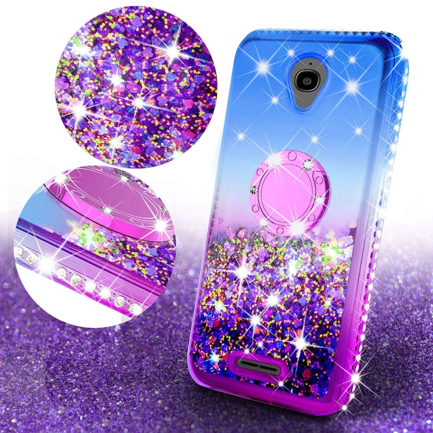 Coverlab Cases for Alcatel Avalon V 5059S/Alcatel 1X Evolve/Alcatel IdealXtra 5059R/Alcatel TCL LX A502DL Case Ring Kickstand Bling Liquid Glitter Sparkle Shiny for Girls Women - Purple/Blue 3