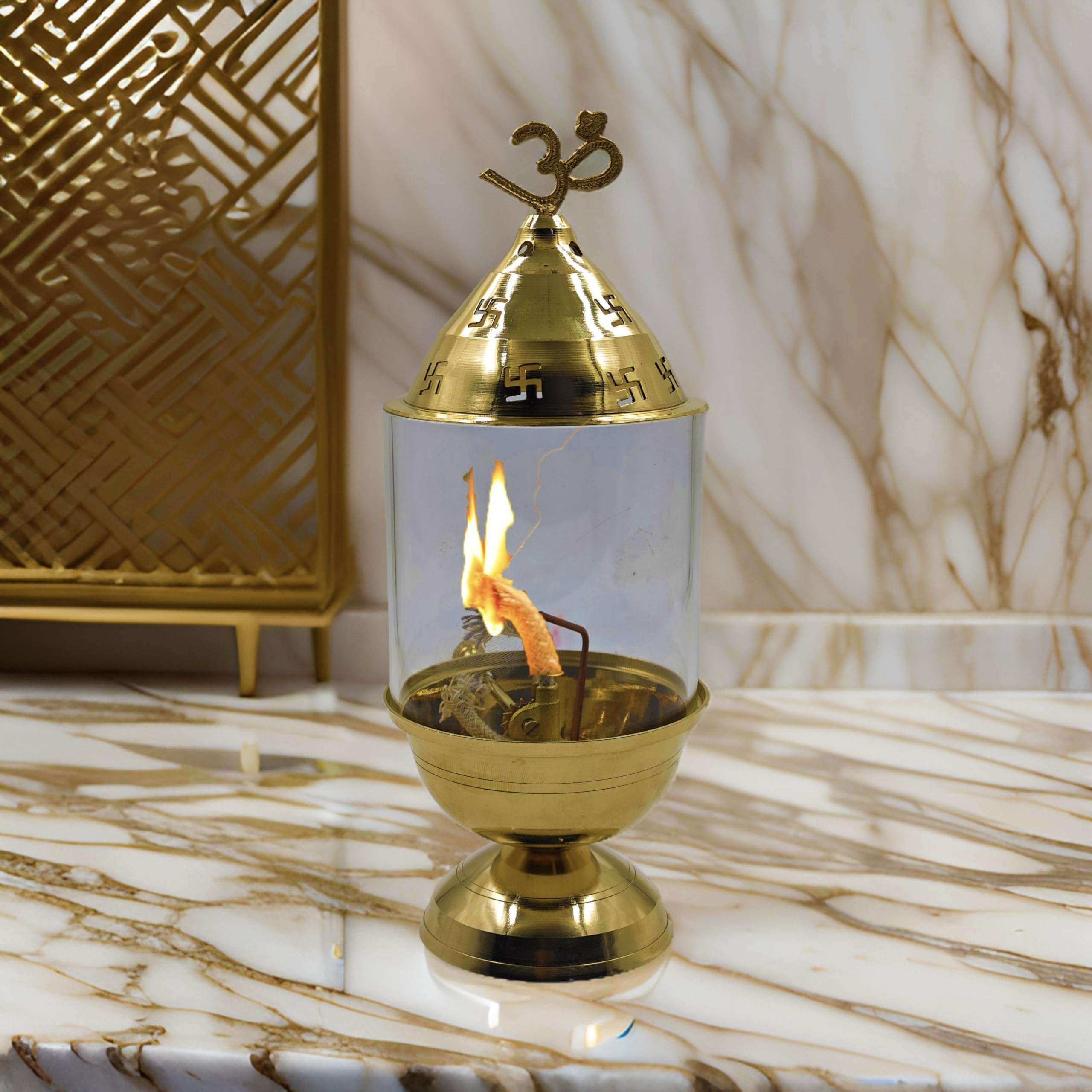 Ein Sof Akhand Diya for Pooja with Adjustable Bati (9 inches)- Large Size Brass Diyas with Wick Lifting Screw Lever & Borosilicate Glass Cover for Home Decoration , Puja & Gifting (150ml , 48 Hour) 4