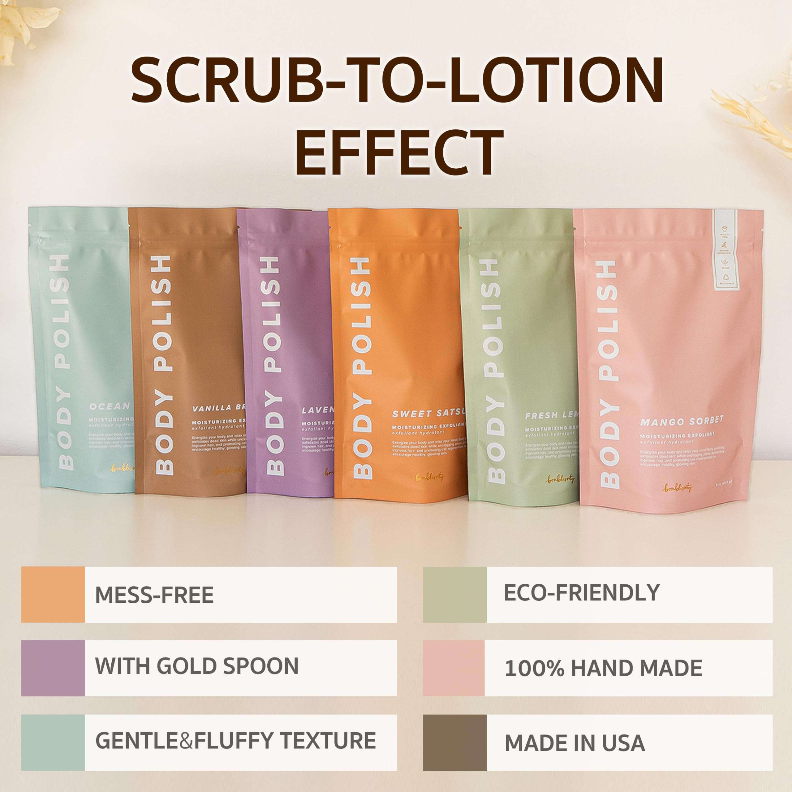 Bonblissity Body Polish, 8oz. - Mango Sorbet Scented Body Scrub Exfoliator for Women, Exfoliating Sugar Scrub To Lotion Moisturizer, Gentle Exfoliant for Dry and Sensitive Skin, Handmade in USA 5