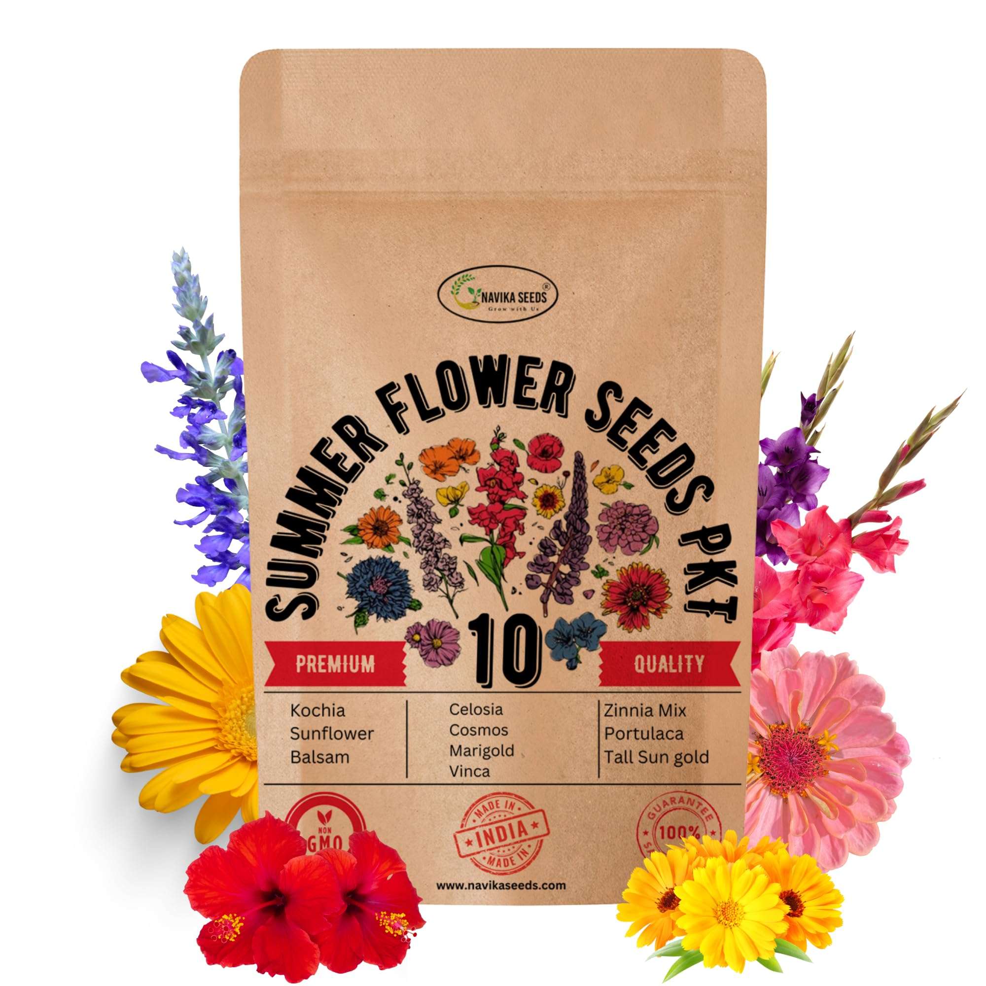 Navika Seeds Combo Pack of 10 Flower Seeds for Summer for Your Home Garden | Summer | Sutaible for Indian Season | All-Season Varieties | Free Growing Guide Included | 1