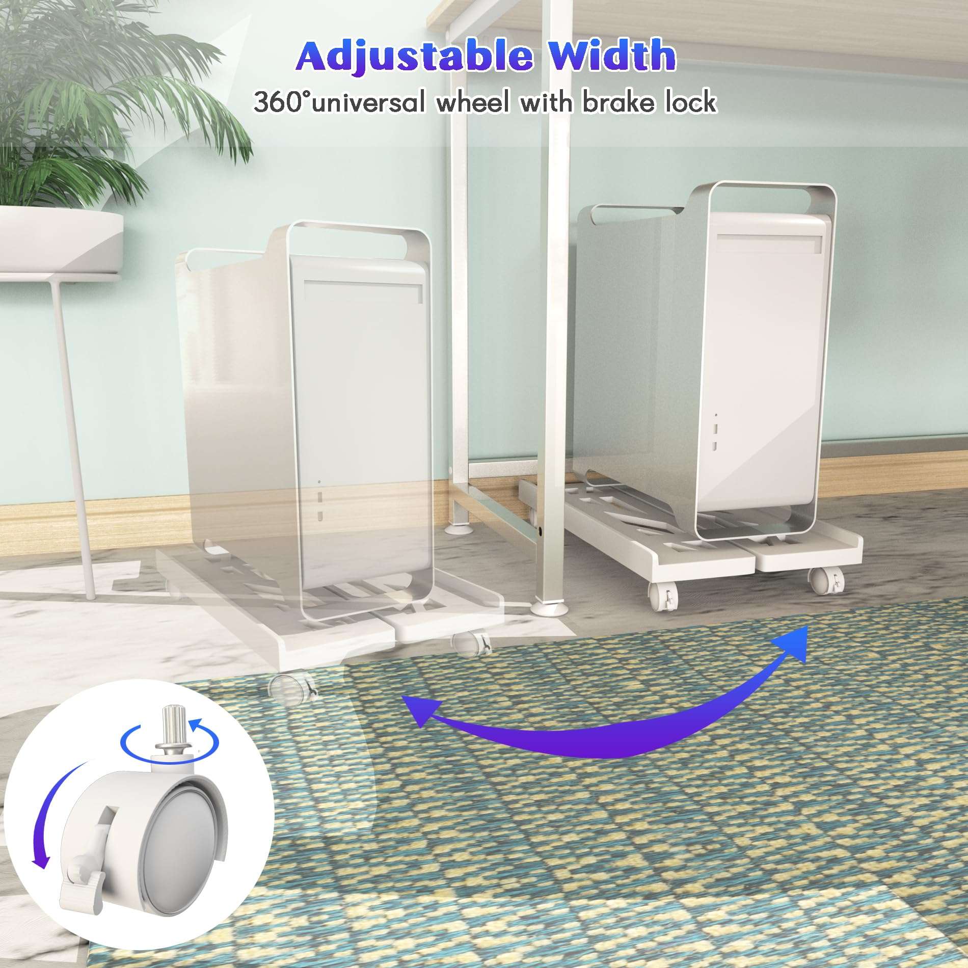 Qcdou Adjustable Mobile PC Tower Stand, Ventilated Under-Desk CPU Holder- 4 Smooth-Rolling Caster Wheels, PC Floor Cart, PC Riser, Perfectly Fit Most PC Gaming Desks Office- White 4