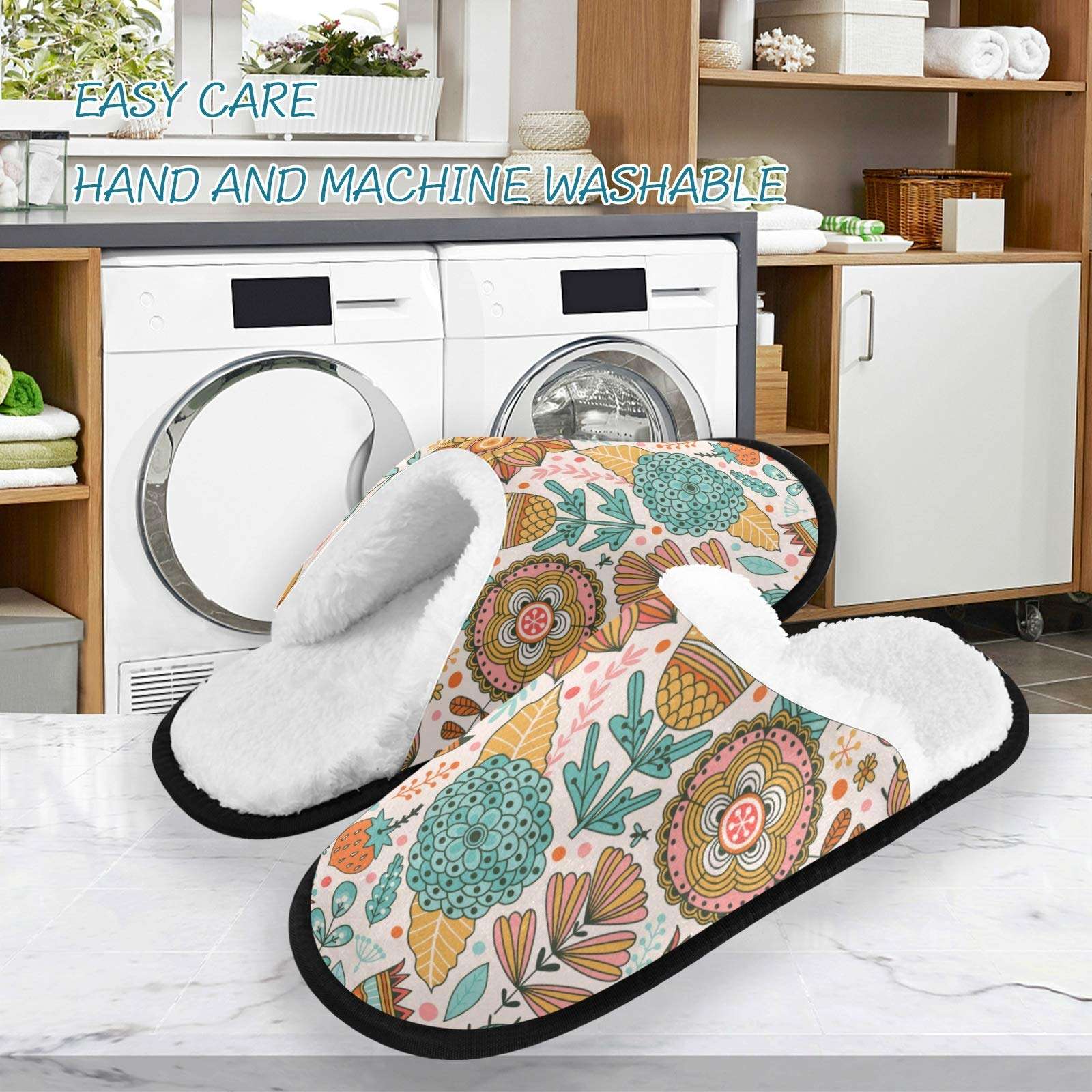 KLL Memory Foam Cotton House Slippers Botanic Texture Detailed Flowers Women's and Men's Casual Shoes, Soft Coral Fleece Lined, Indoor and Outdoor,Medium 3