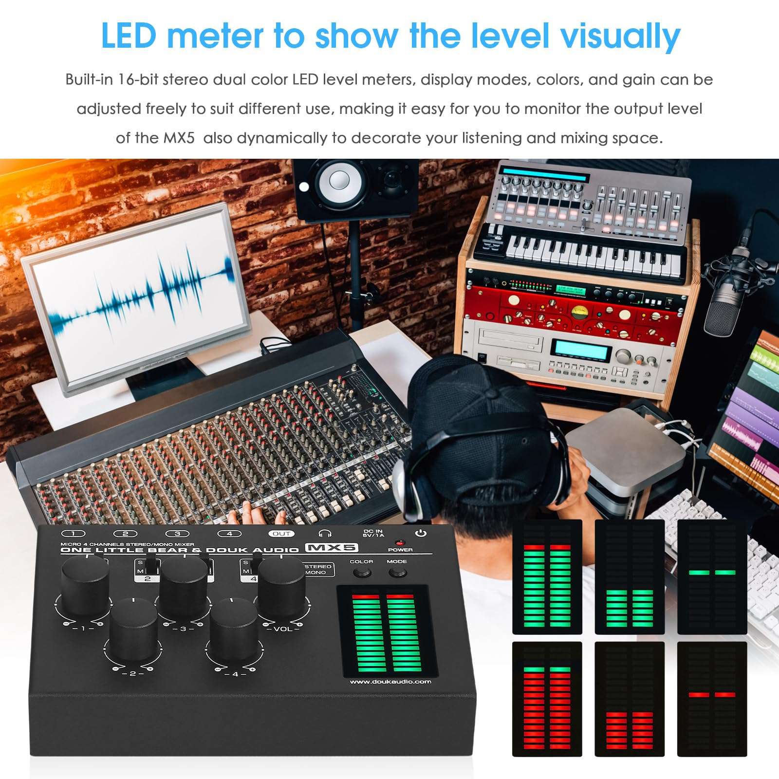 Douk Audio MX5 4 Channel Audio Mixer 4-CH Line-Mixing Mono Stereo Ultra Low-Noise LED Level Meter 6