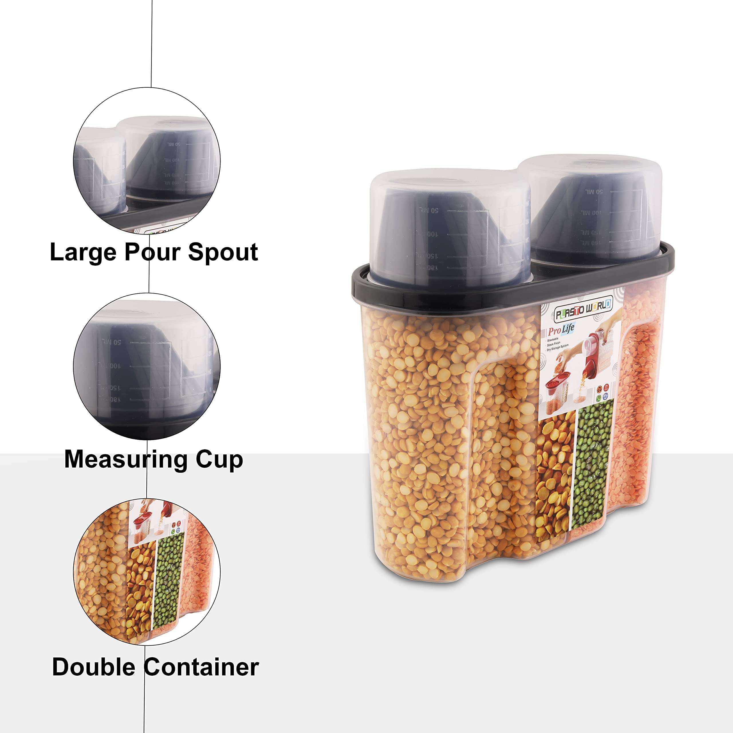 KASBA 2 in 1 Food Travel Small Space Airtight Containers for Kitchen, BPA-Free, Storage Plastic Jar for Dal/Rice/Pasta/Atta/with Lids, Measuring Cups (Brown) 3