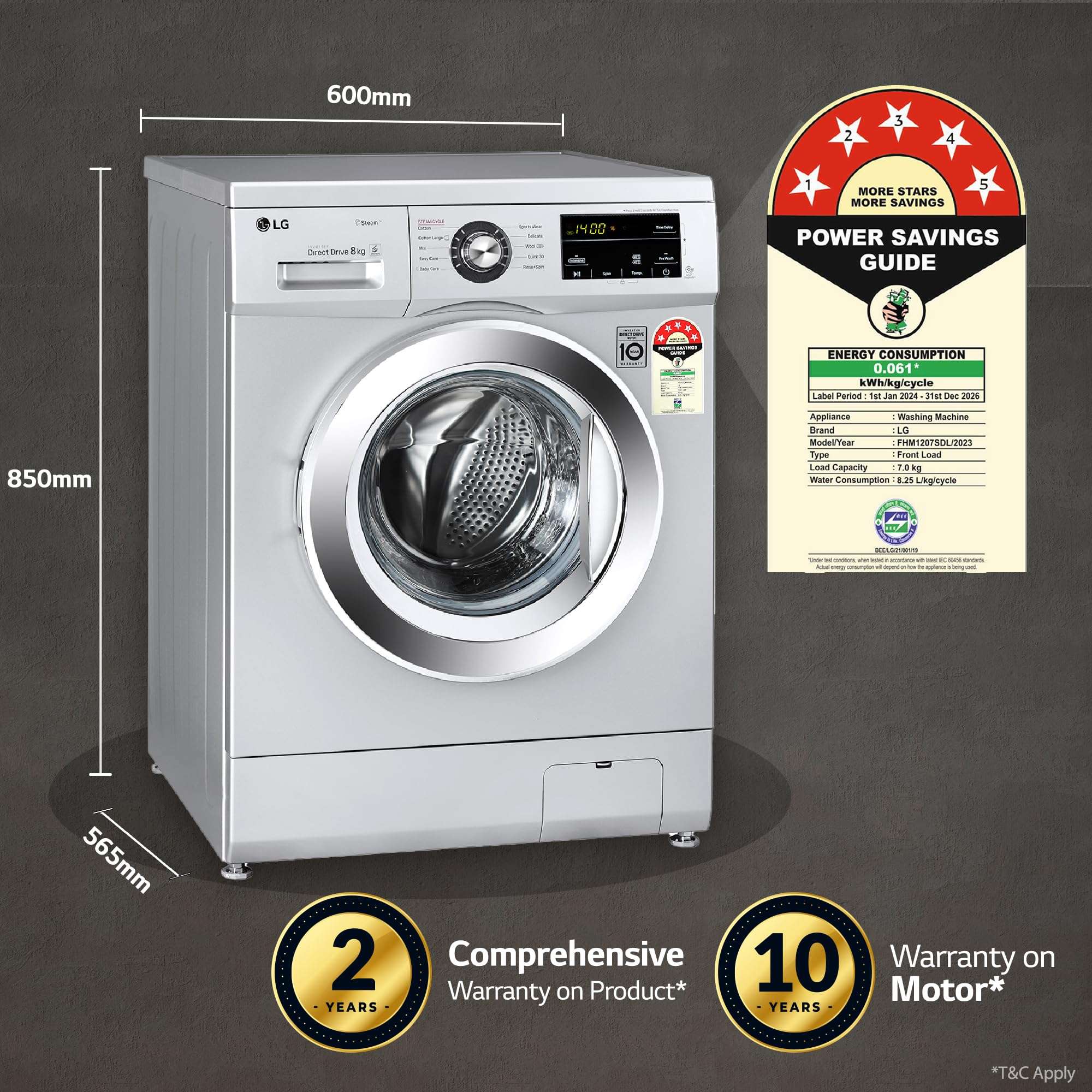 LG 8 Kg 5 Star Inverter Direct Drive Fully Automatic Front Load Washing Machine Appliance (FHM1408BDL, Steam, In-Built Heater, Touch Panel, Silver) 5