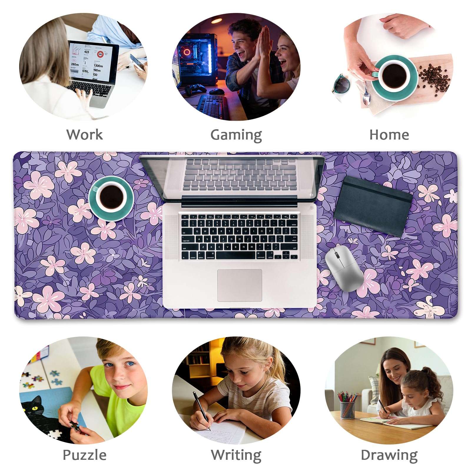 LIMKRIAN Cat Purple Mouse Pad Large Desk Mat, Kawaii Purple Computer Mousepad with Stitched Edges Non-Slip, Keyboard Mouse Pad for Desktop Cute Office Supplies Desk Decor Accessories 31.5x11.8 in 5