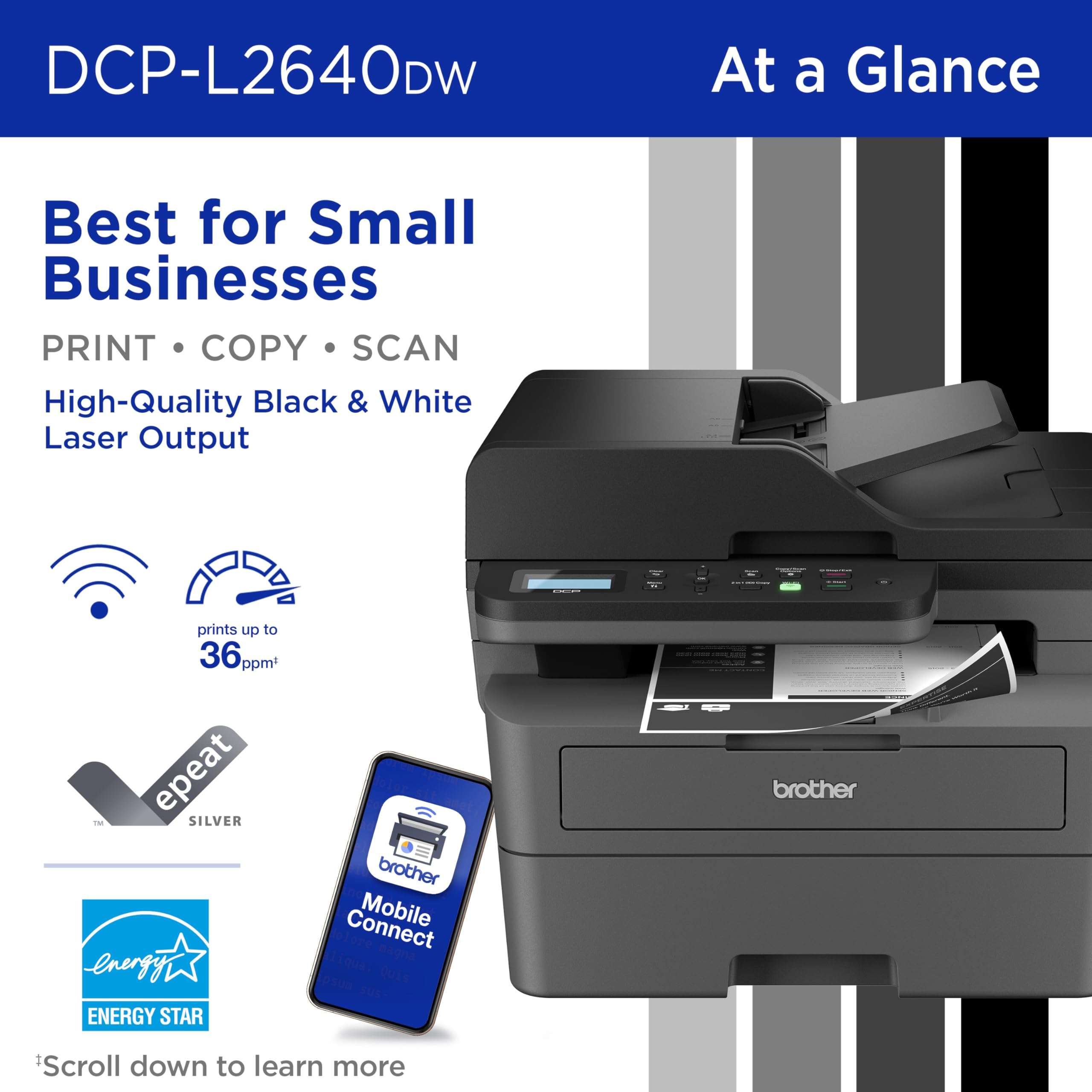 Brother DCP-L2640DW Wireless Compact Monochrome Multi-Function Laser Printer with Copy and Scan, Duplex, Mobile, Black & White | Includes Refresh Subscription Trial(1), Works with Alexa 2