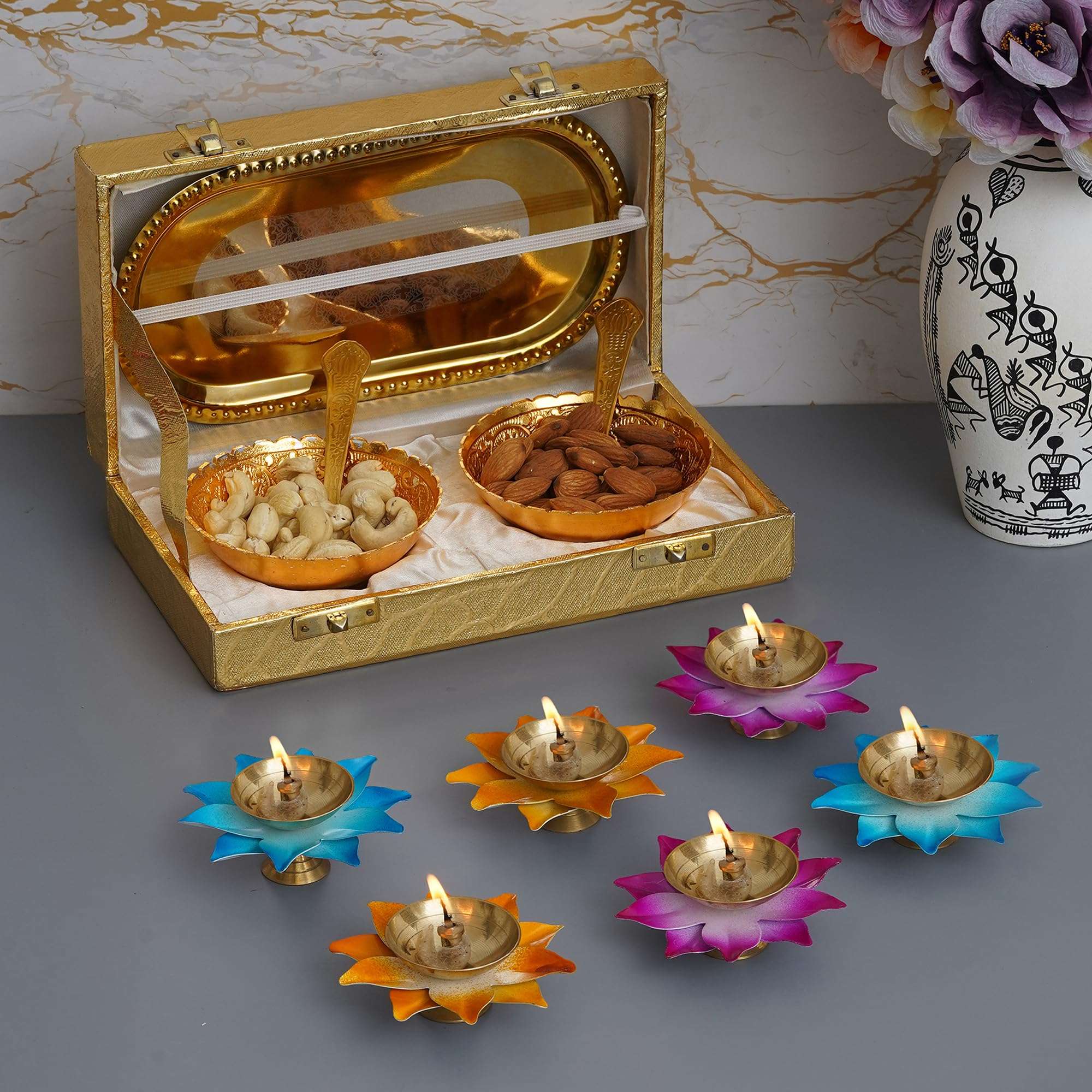 KUSHAL CREATIONS Silver Plated Festival Gift Silver Plated Brass Bowls Set of 5 Pcs. Golden Box Dinner Set with Lotus Diya Set of 6 Pcs.