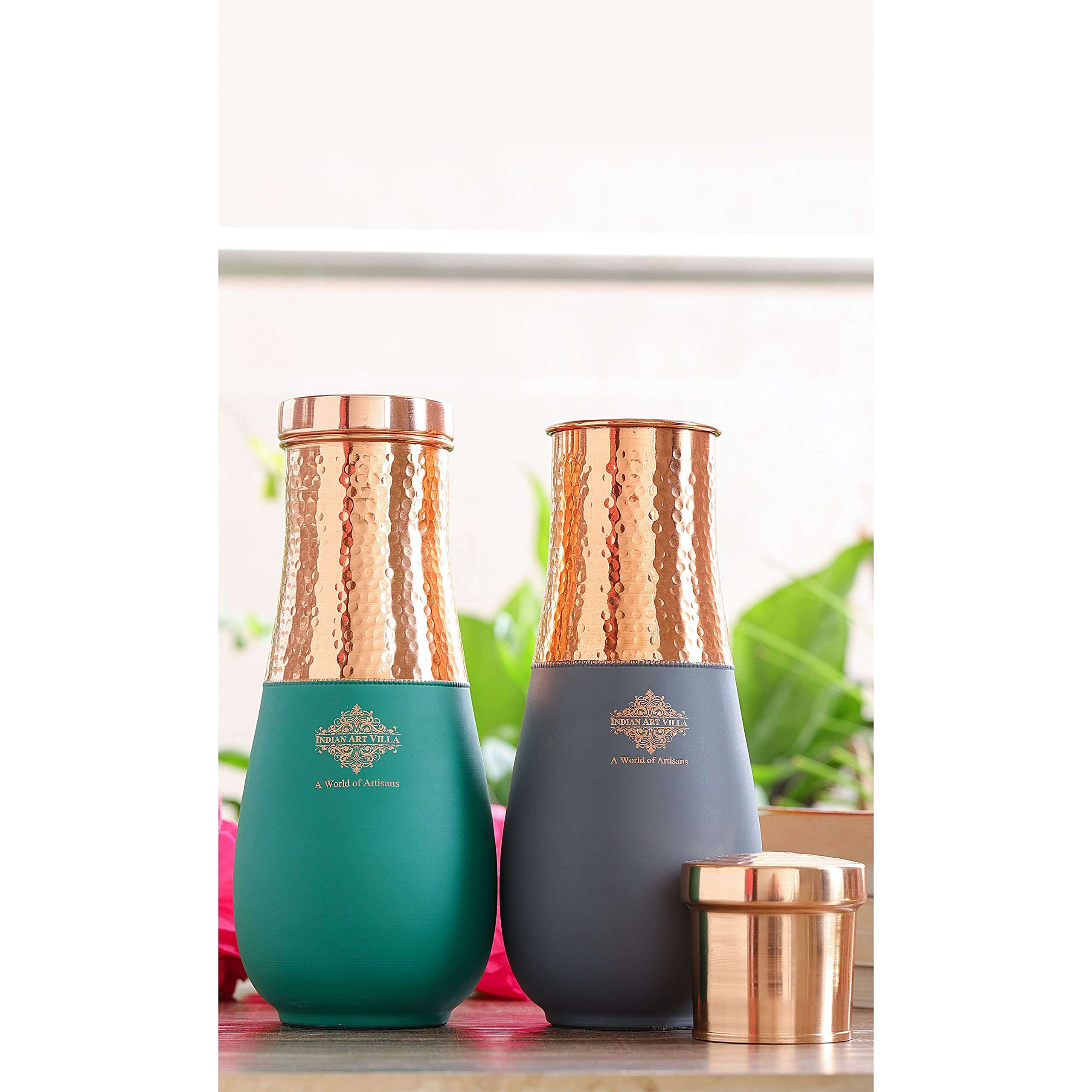 INDIAN ART VILLA Pure Copper Half Hammered and Gray & Green Silk Finish Vase Shape Bedroom Bottle, Volume 1425 ML - Pack of 2 6