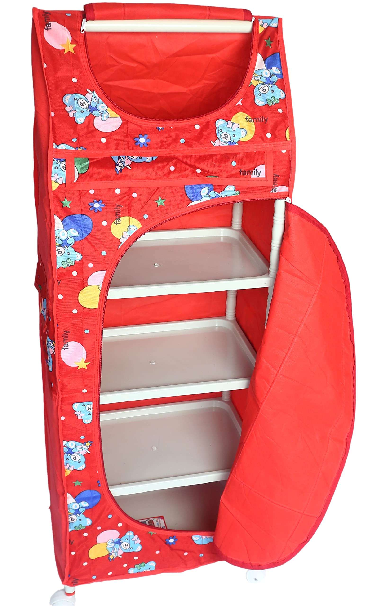 Evoshine® Colorful Design Cotton 5 Cabinet Hanging Baby Almirah, Kids Wardrobe, Cloth Organizer, Folding Almirah, Toy Box (Red)