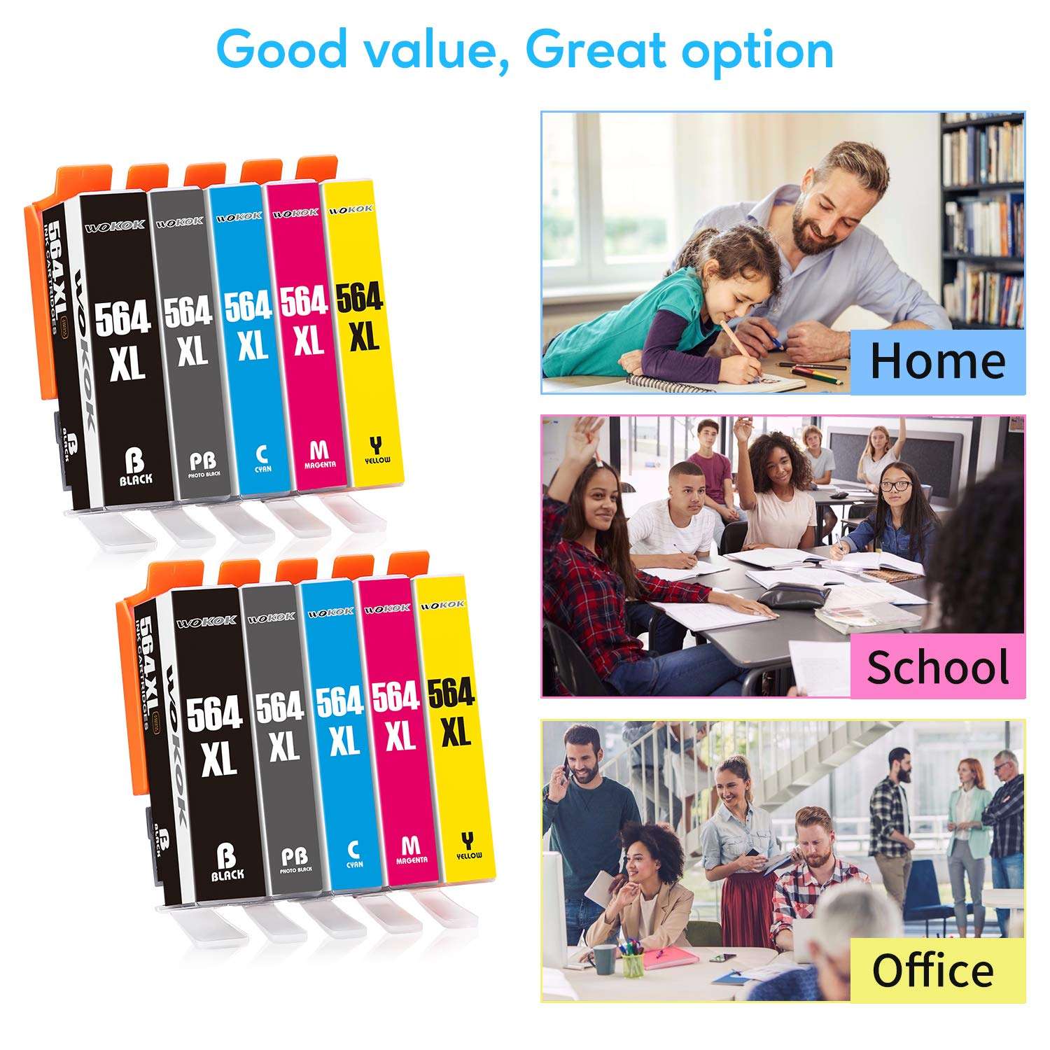 WOKOK 564XL Compatible Ink Cartridge Replacement for HP 564 Ink Cartridges, for Photosmart 5520 6520 7520 5510 6510 7510 7525 Premium C309A C410A Officejet 4620 Deskjet 3520 (2PGBK, 2BK, 2C, 2M, 2Y) 6
